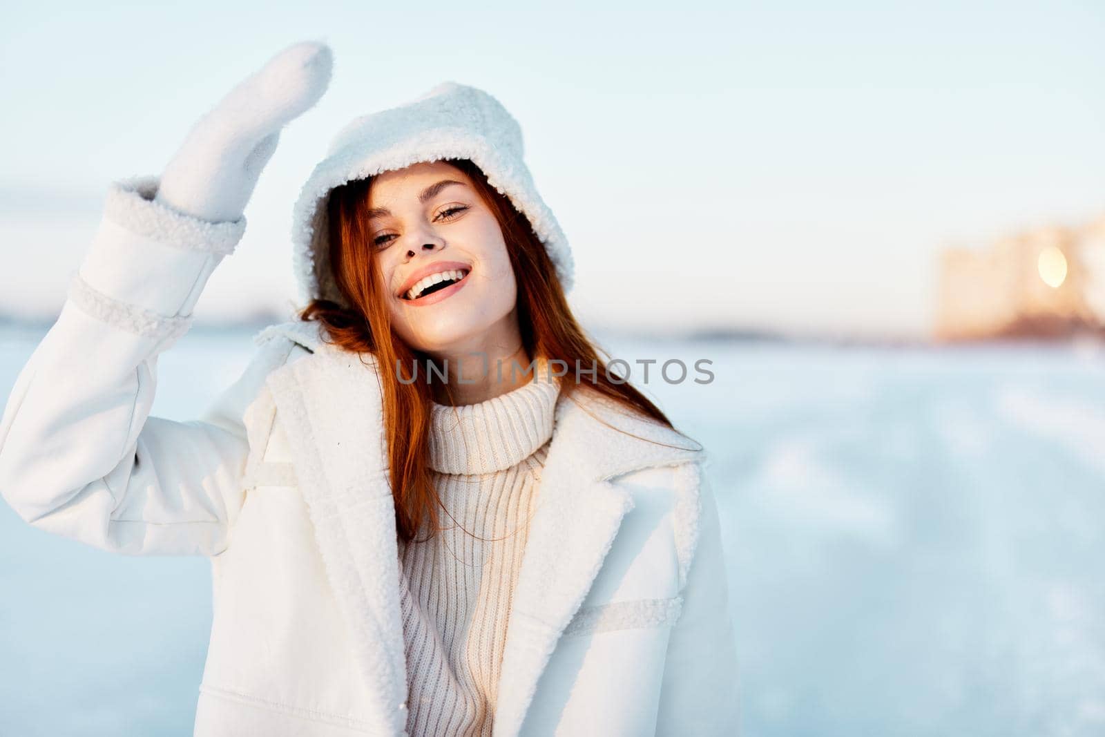 woman in a white coat in a hat winter landscape walk Fresh air by SHOTPRIME