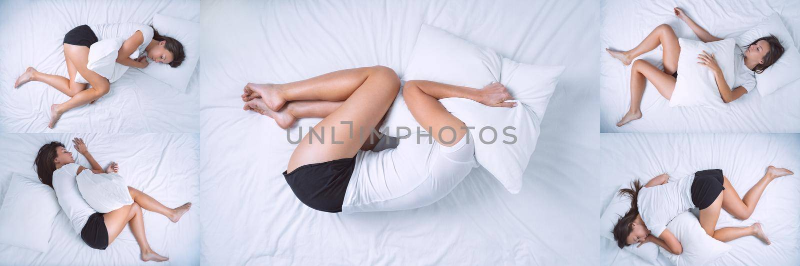 Top view of woman lying on the bed, trying to sleep and changing sleep positions. Tossing and turning at night. Woman suffering from insomnia, sleeping problems or sleep disorders. Woman can't sleep by DariaKulkova