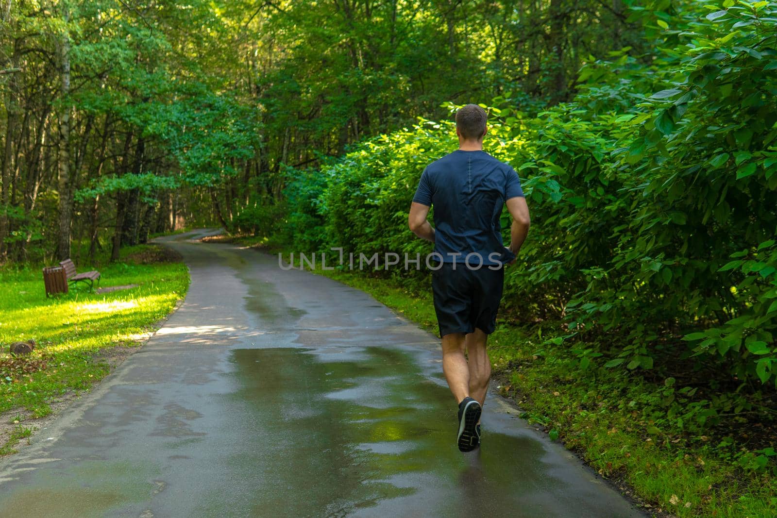 A man athlete runs in the park outdoors, around the forest, oak trees green grass young enduring athletic athlete healthy runner exercise, lifestyle jogger endurance recreation motion, body feet stretches