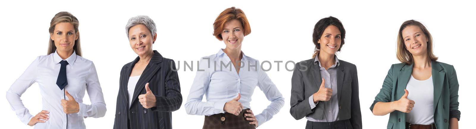 Group of thumbing up business women, isolated on white. Concept of teamwork and cooperation females only