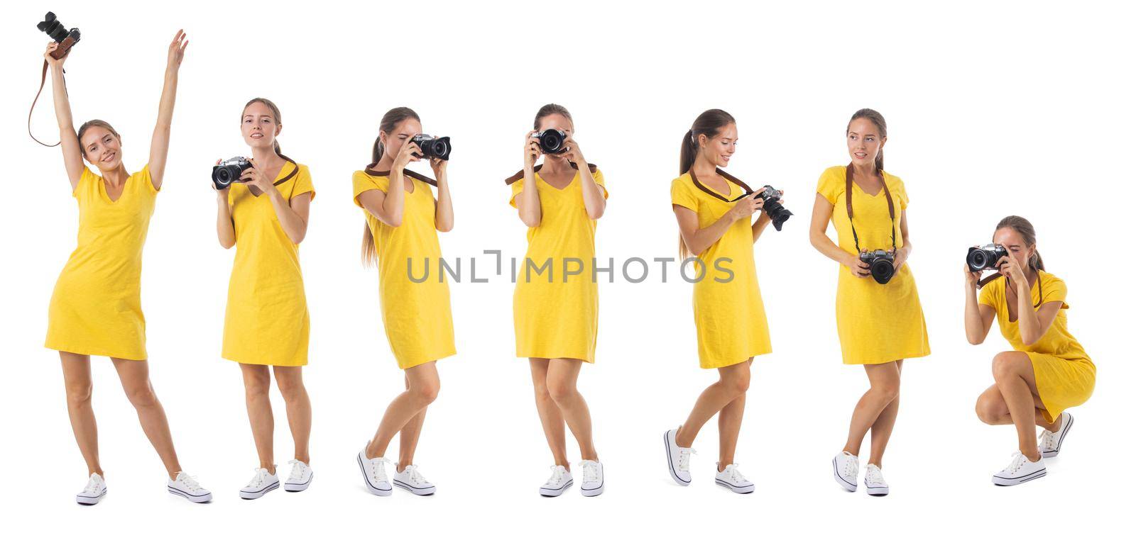 Set of photographer woman portraits isolated over white background.