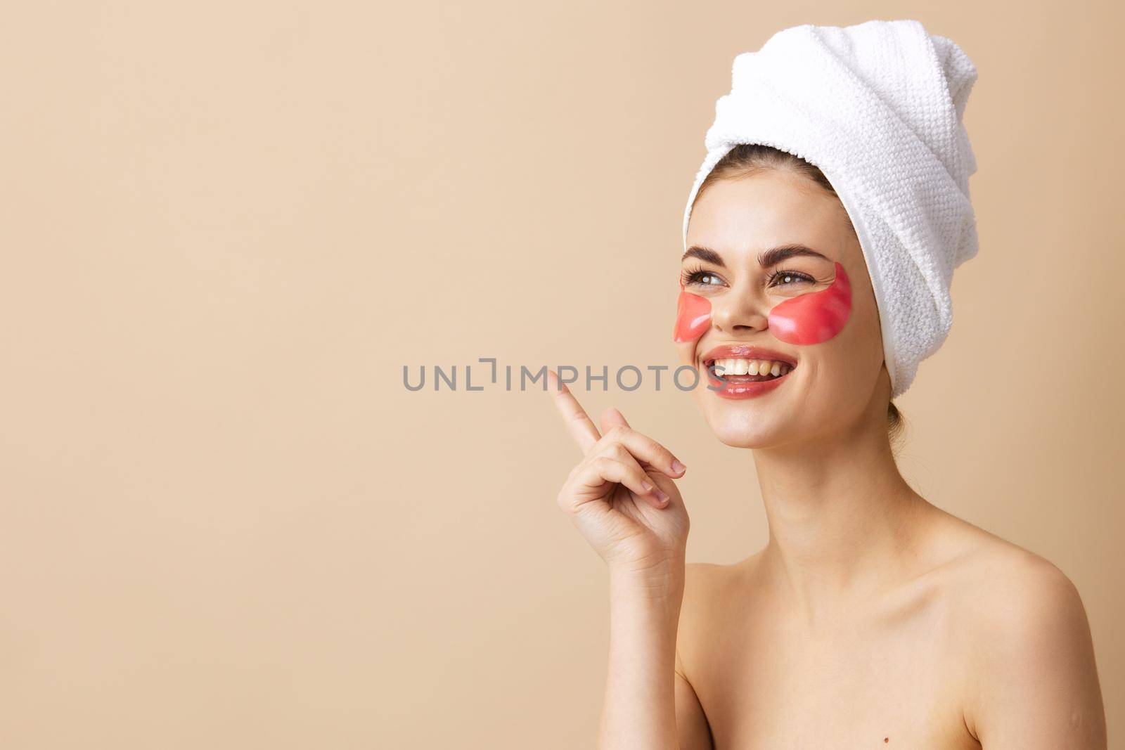 pretty woman patches rejuvenation skin care fun isolated background. High quality photo