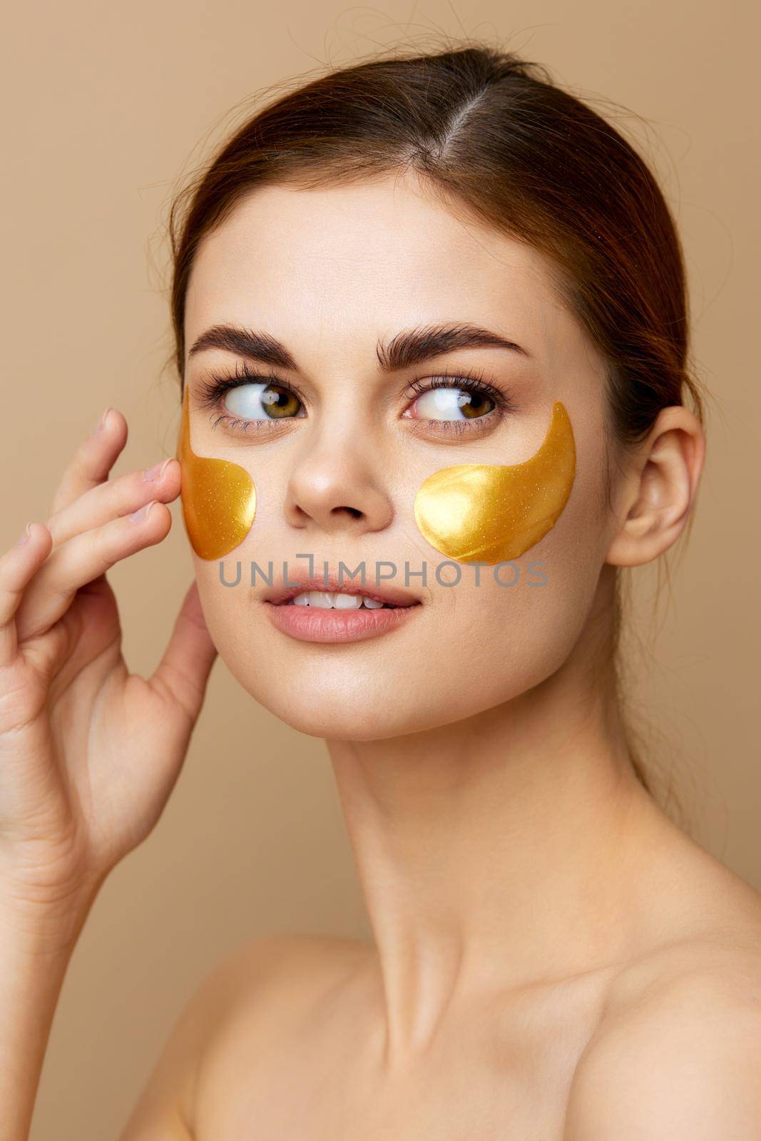 pretty woman golden patches clean skin smile posing close-up Lifestyle. High quality photo