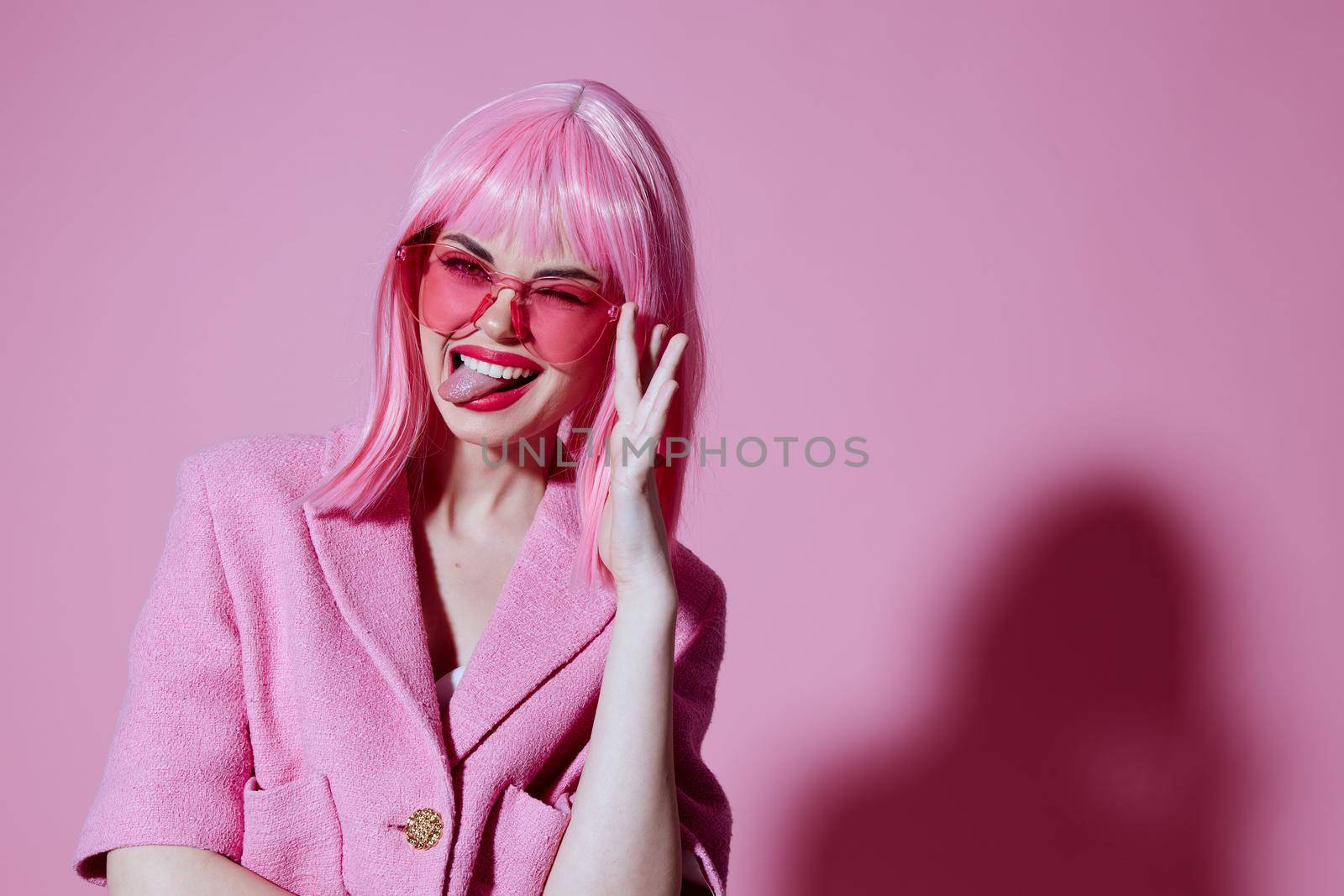 Beauty Fashion woman in pink glasses cosmetics glamor emotions color background unaltered by SHOTPRIME