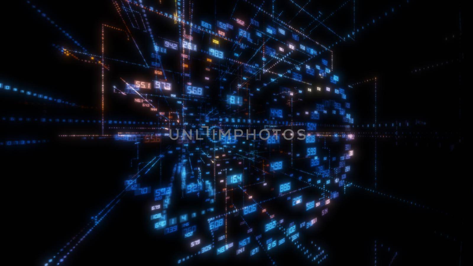 Luminous elements with numbers. The concept of the modern digital world. 3d illustration