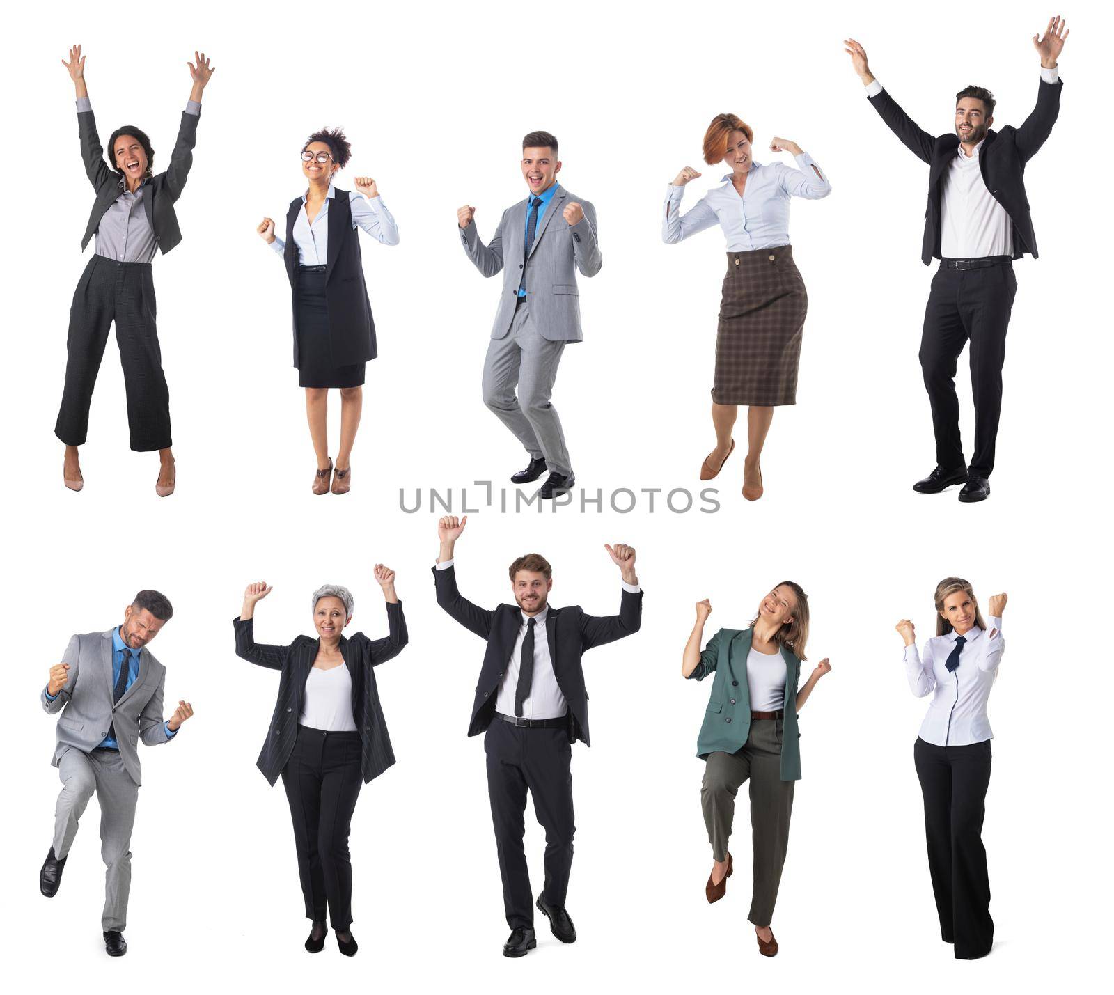 Business prople whith hands up cheering businesspeople set of full length portraits isolated on white background