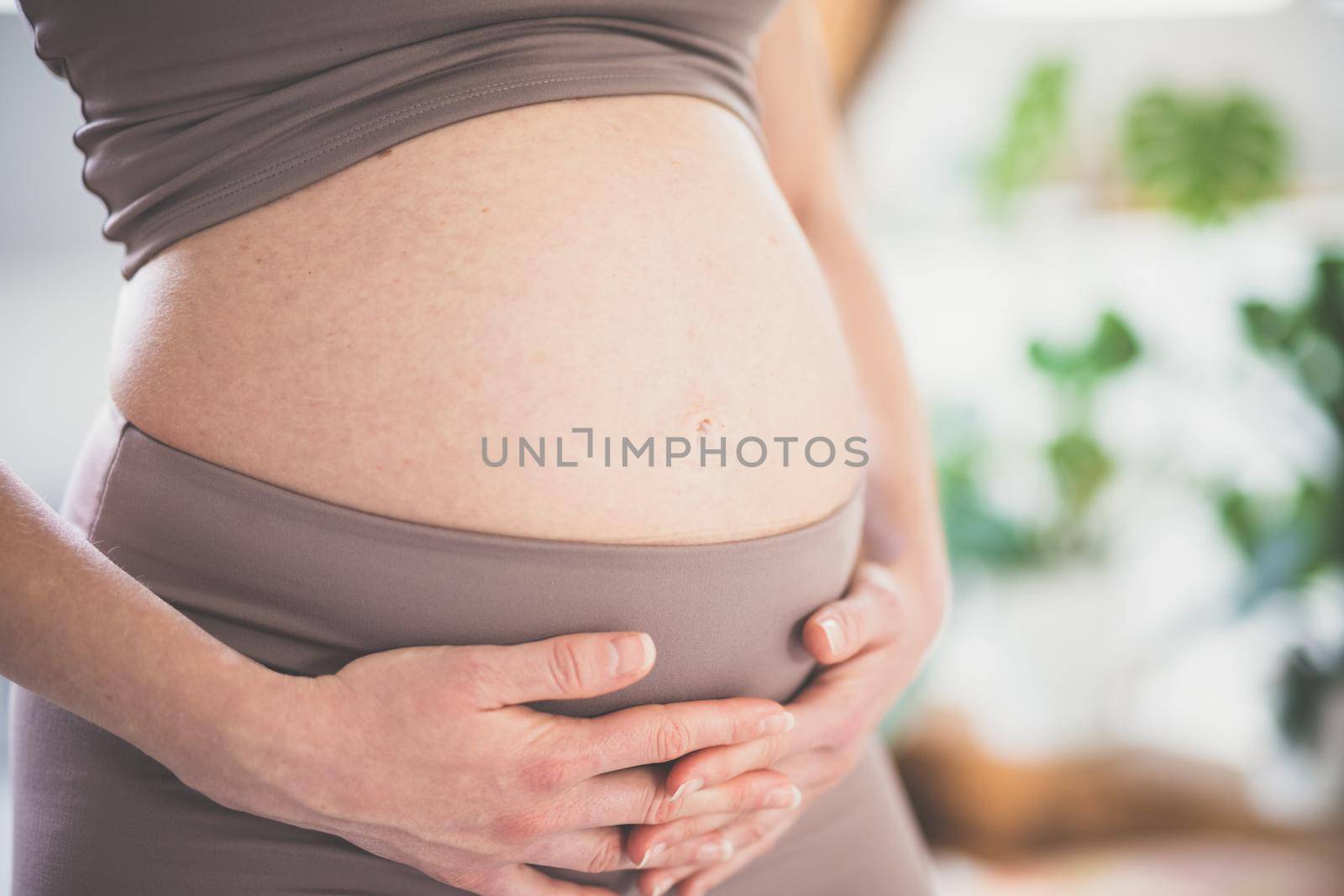 Pregnant woman belly. Pregnancy Concept. Pregnant tummy close up. Detail of pregnant woman relaxed at home