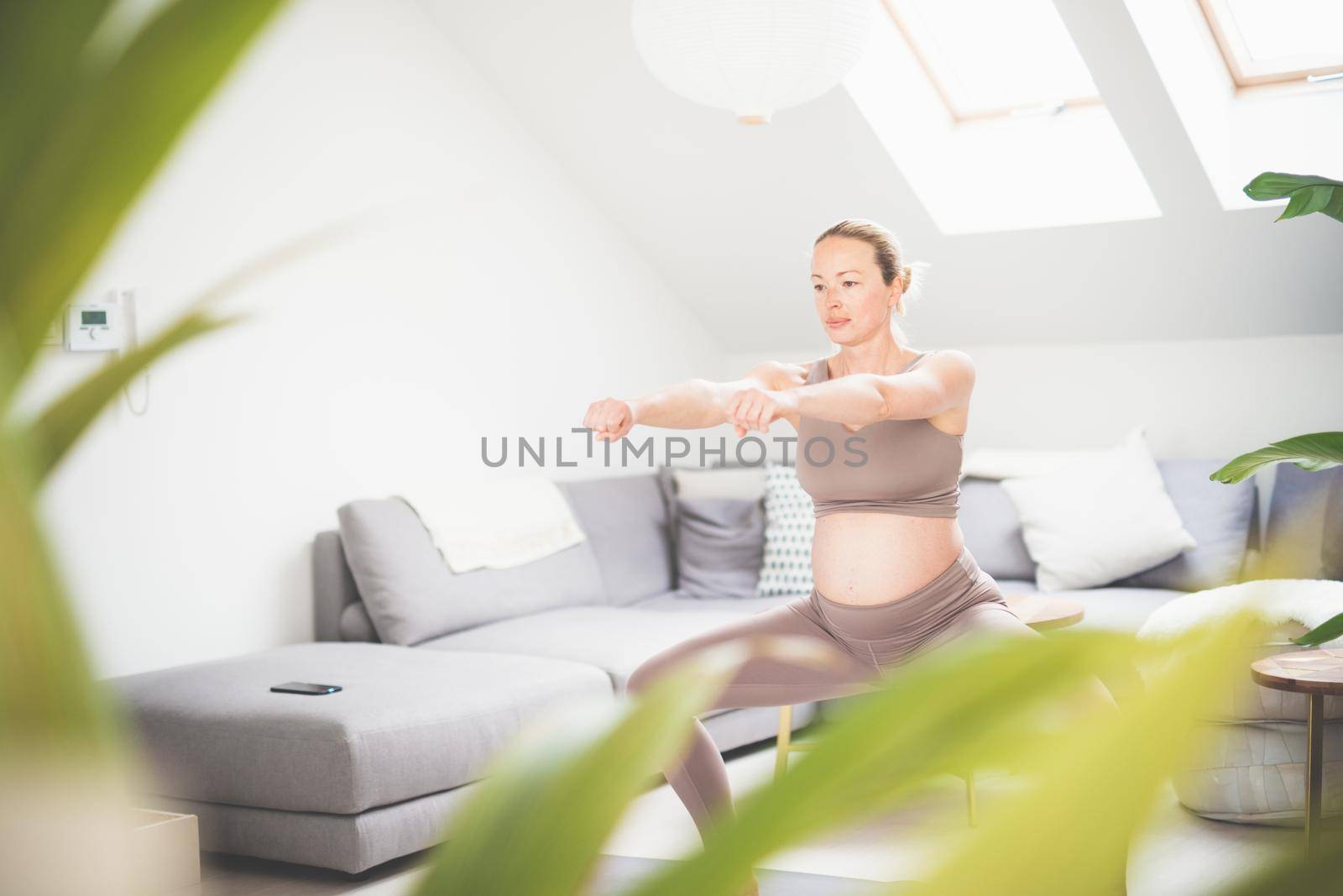 Young beautiful pregnant woman training pilates at home in her living room. Healthy lifestyle and active pregnancy and motherhood concept