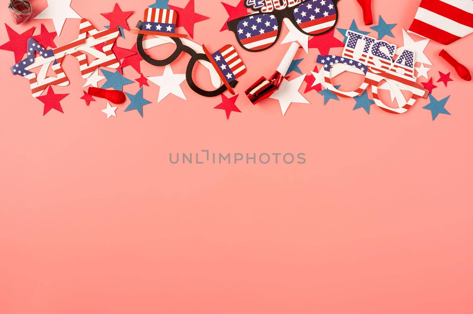USA Memorial day, Presidents day, Veterans day, Labor day, or 4th of July celebration. USA independence day party element top view flat lay on solid pink background