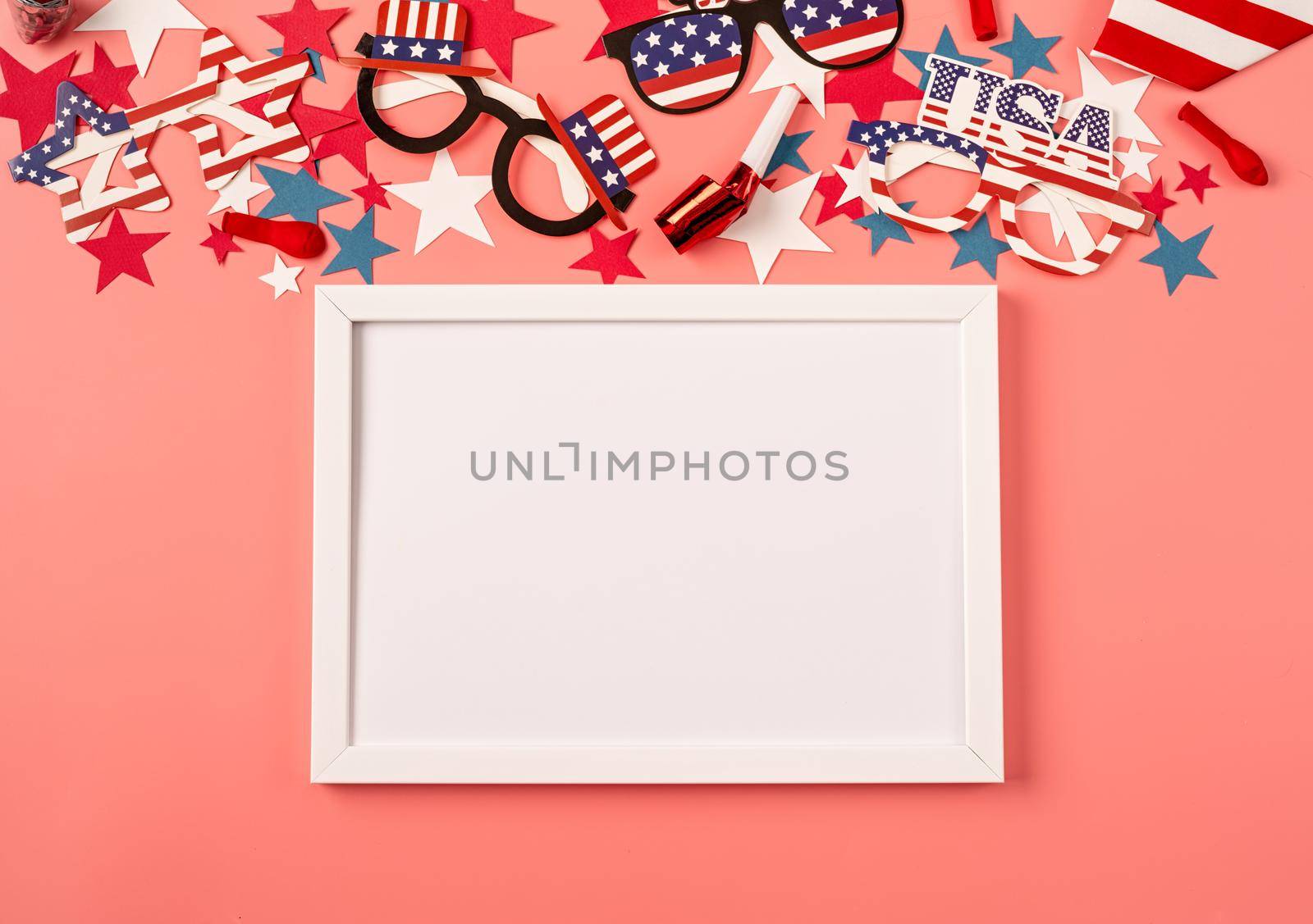 USA independence day party elements top view flat lay on pink with frame for mockup by Desperada