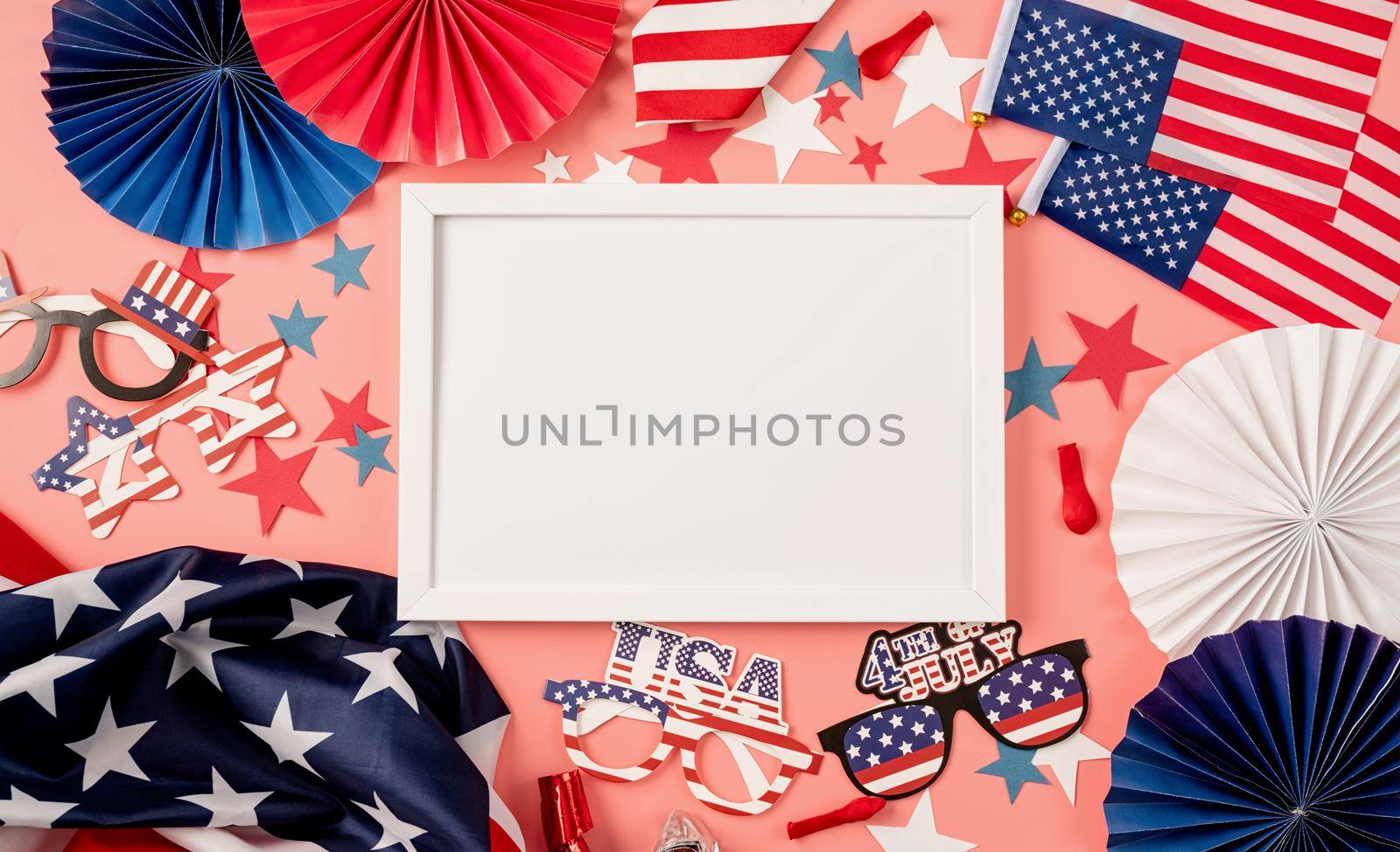 USA Memorial day, Presidents day, Veterans day, Labor day, or 4th of July celebration. White frame for mockup design with USA independence day party element top view flat lay on solid pink background