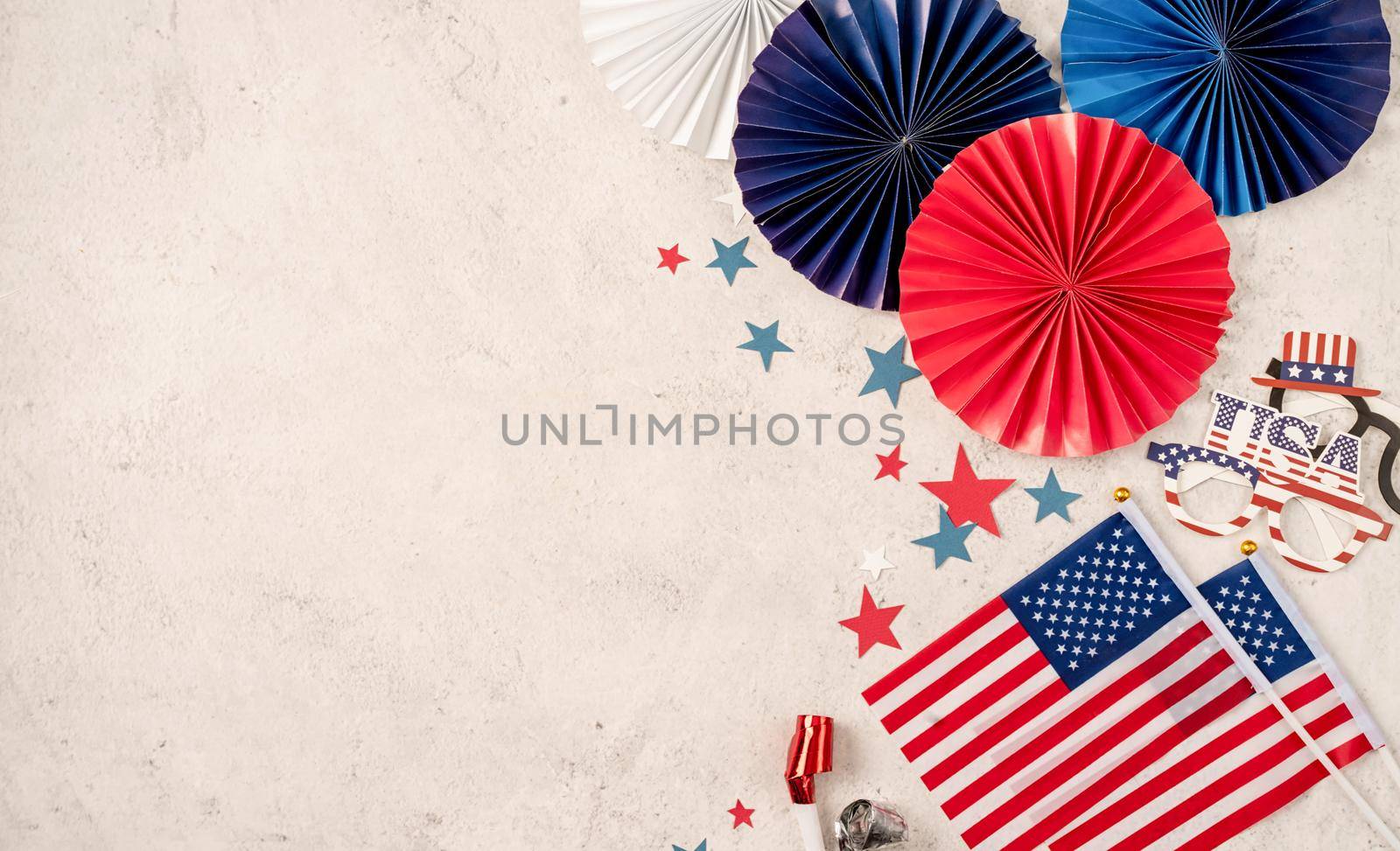 USA Memorial day, Presidents day, Veterans day, Labor day, or 4th of July celebration. USA independence day party element top view flat lay on solid marble background
