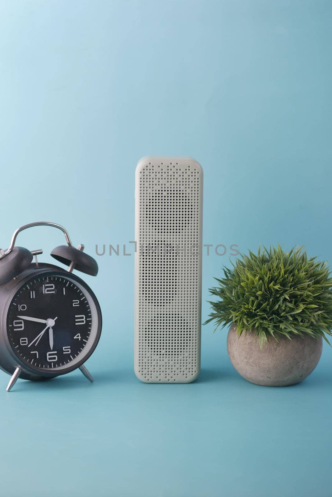 smart speaker and keyboard with copy space on white background.