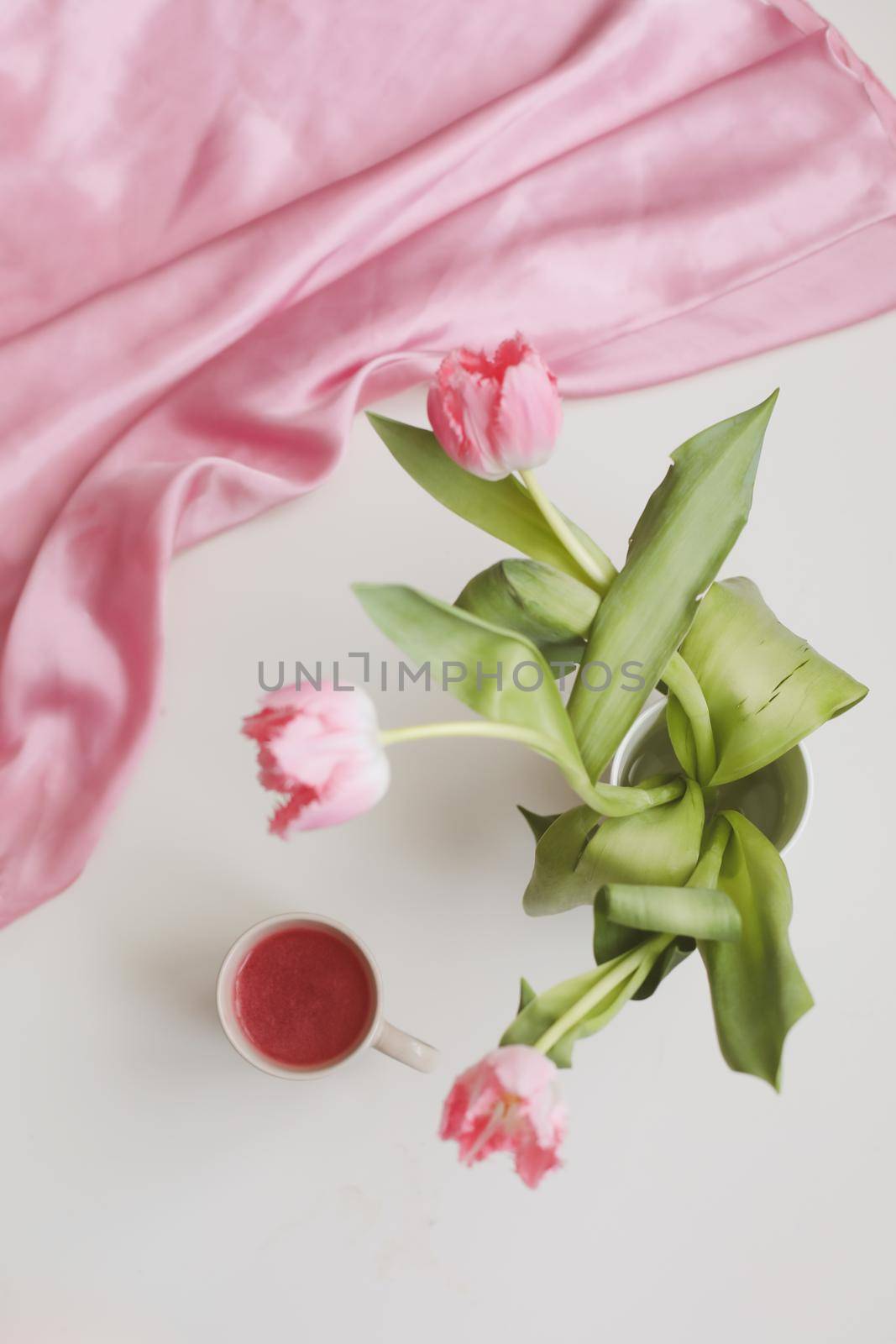 spring still life with fresh pink tulips, home decor