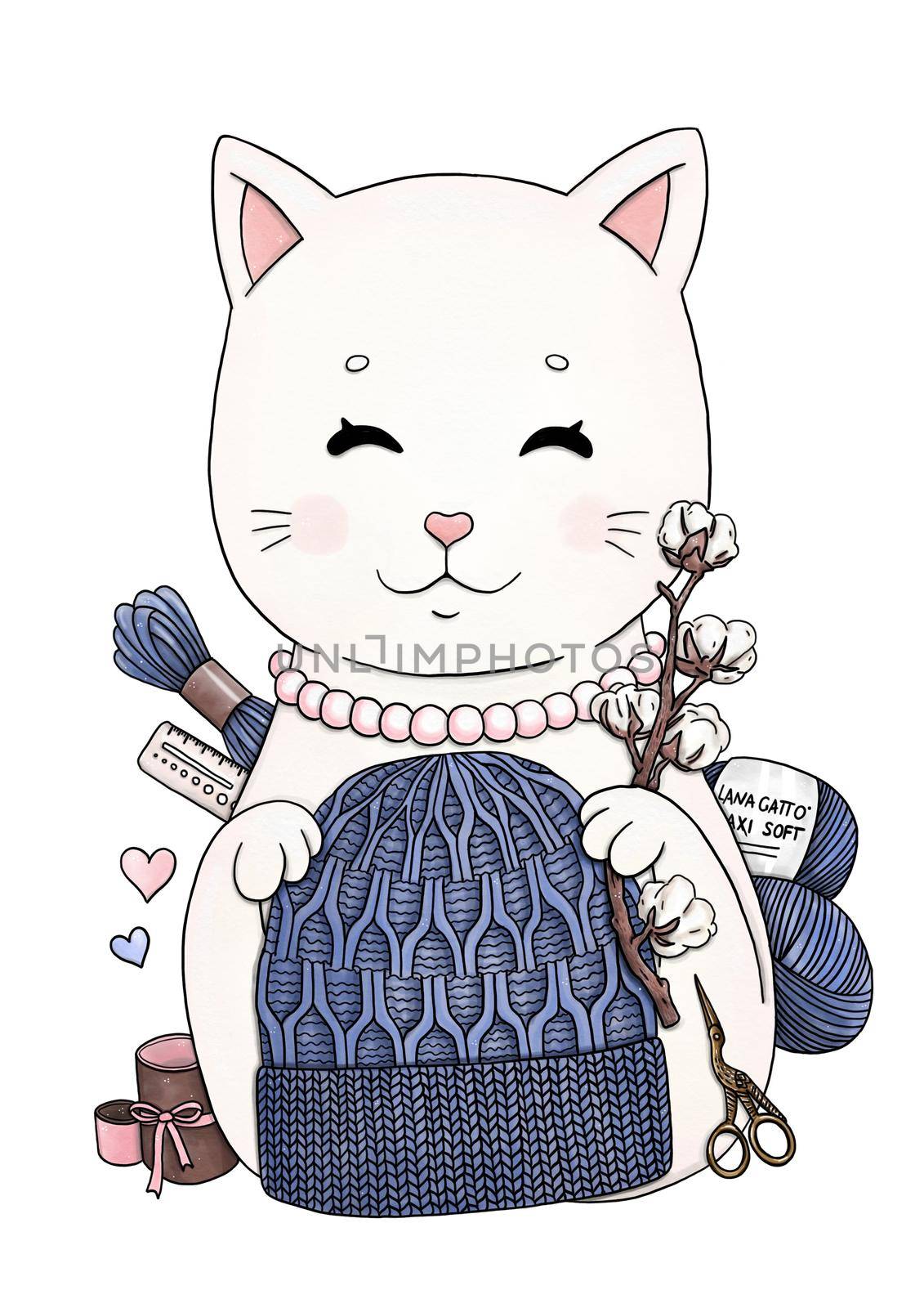 Knitting cat with knitted accessories and yarn balls. High quality illustration