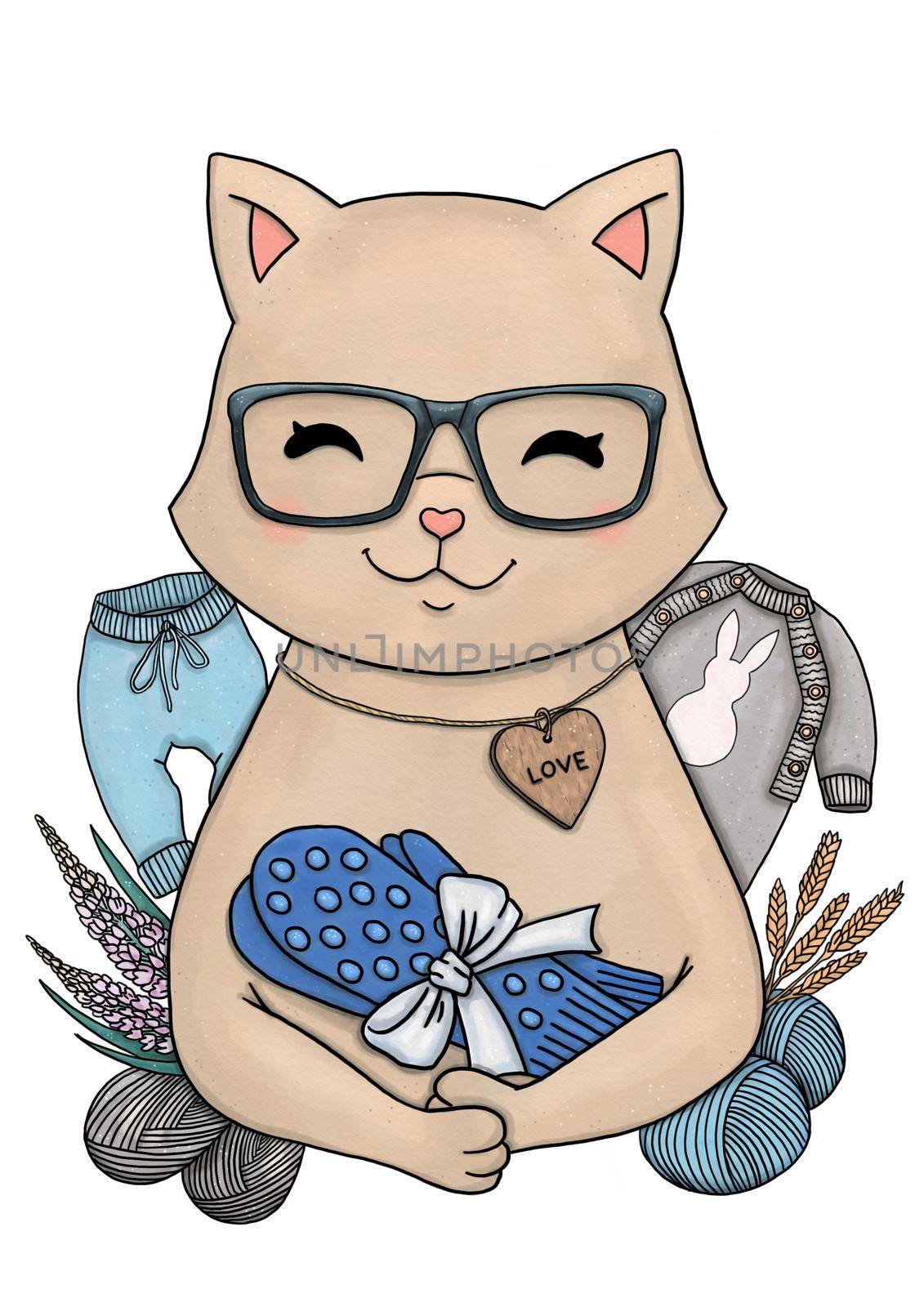 Knitting cat with knitted accessories and yarn balls. High quality illustration