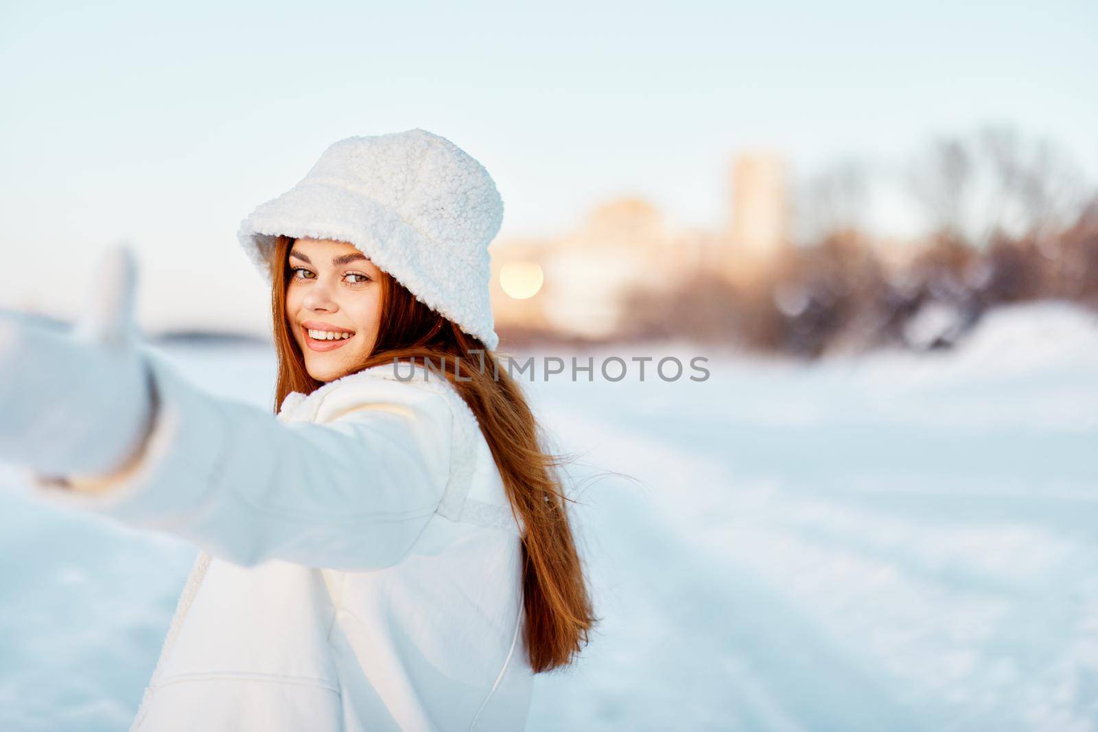 beautiful woman winter clothes walk snow cold vacation Fresh air by SHOTPRIME