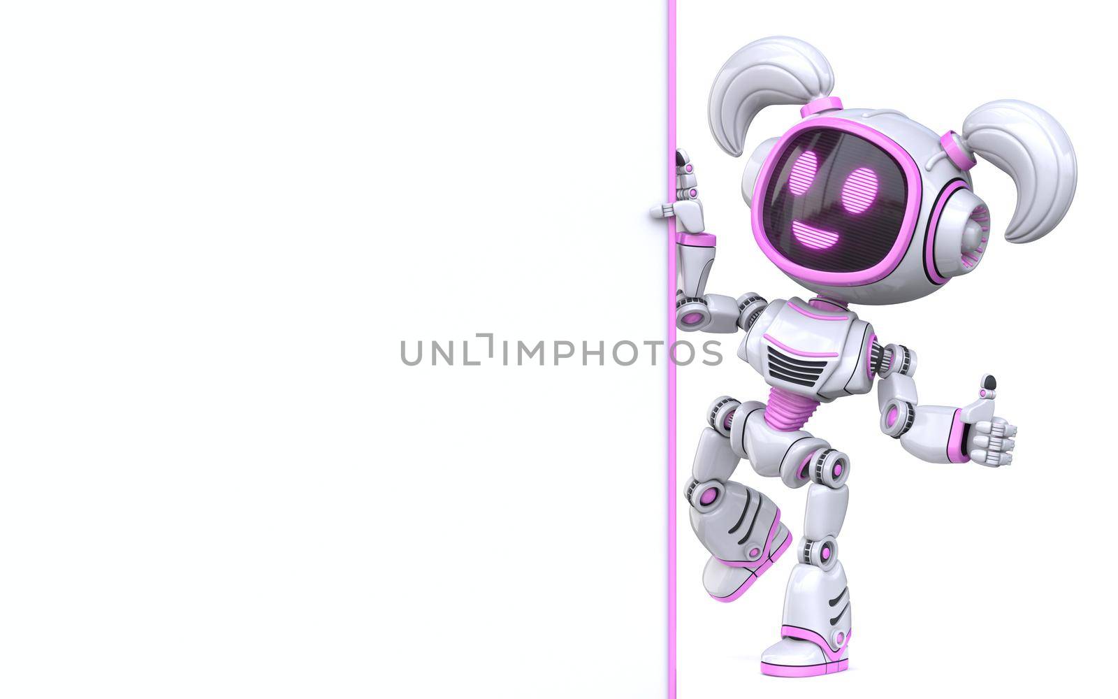 Cute pink girl robot holding blank white board 3D rendering illustration isolated on white background