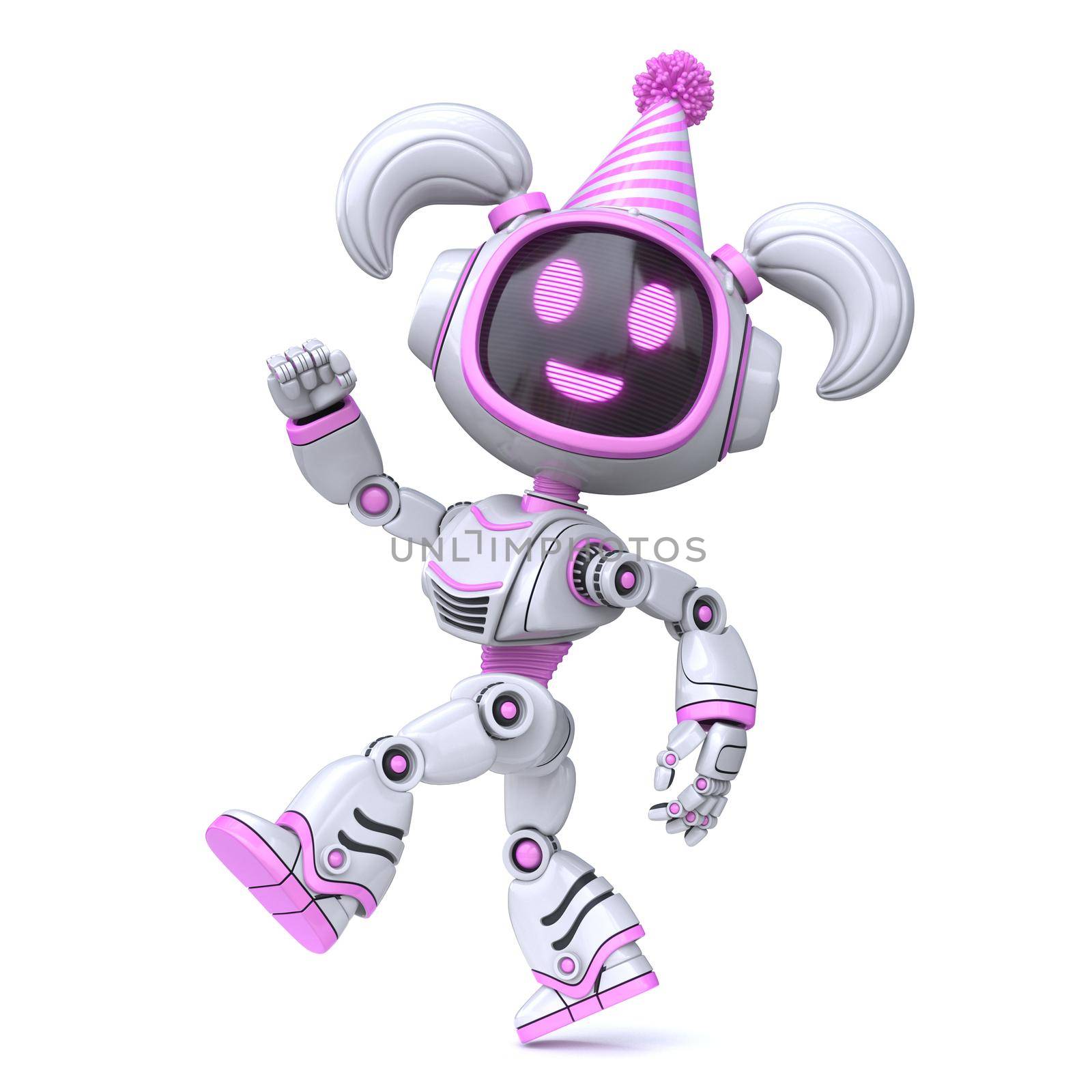 Cute pink girl robot celebrate birthday 3D rendering illustration isolated on white background