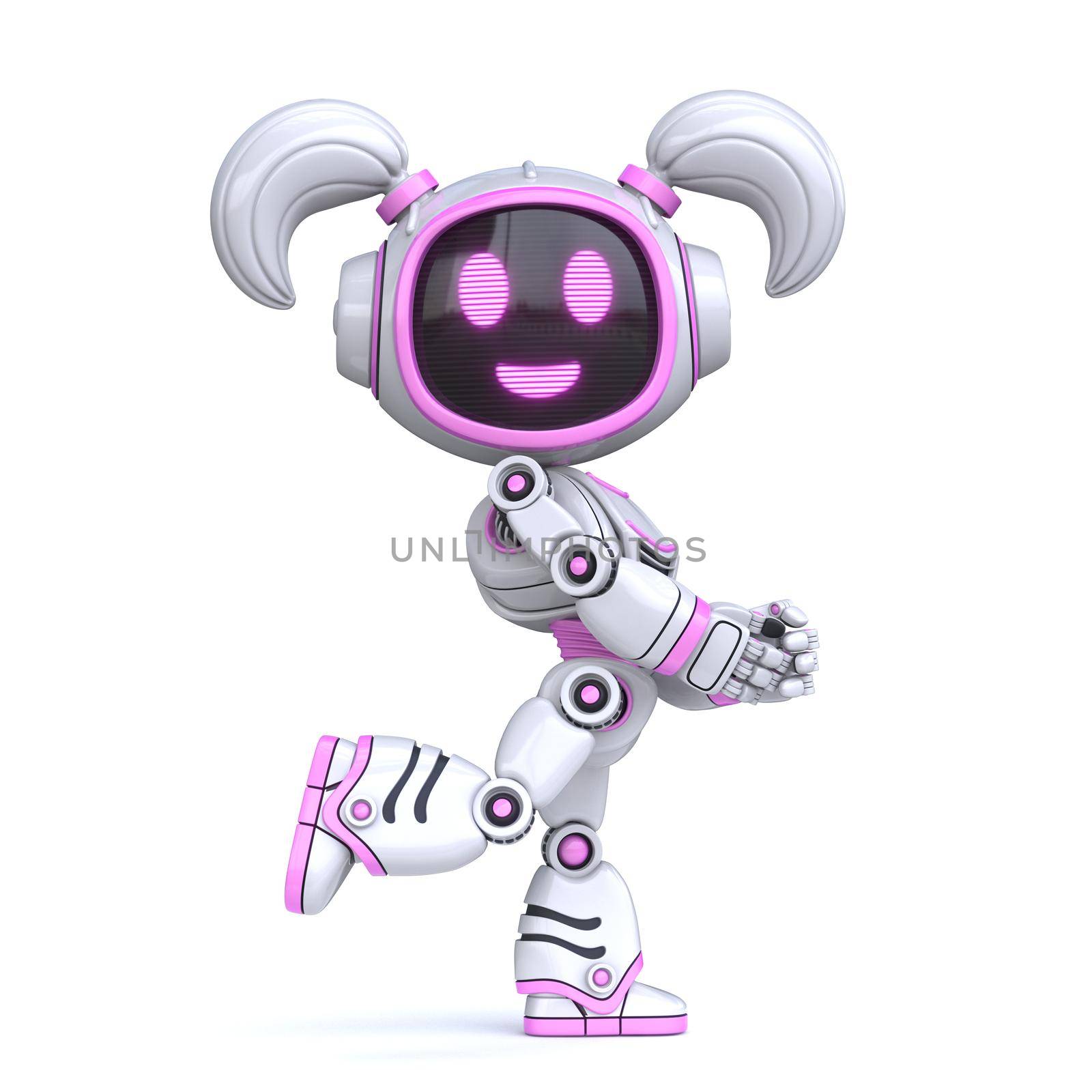 Cute pink girl robot posing 3D rendering illustration isolated on white background