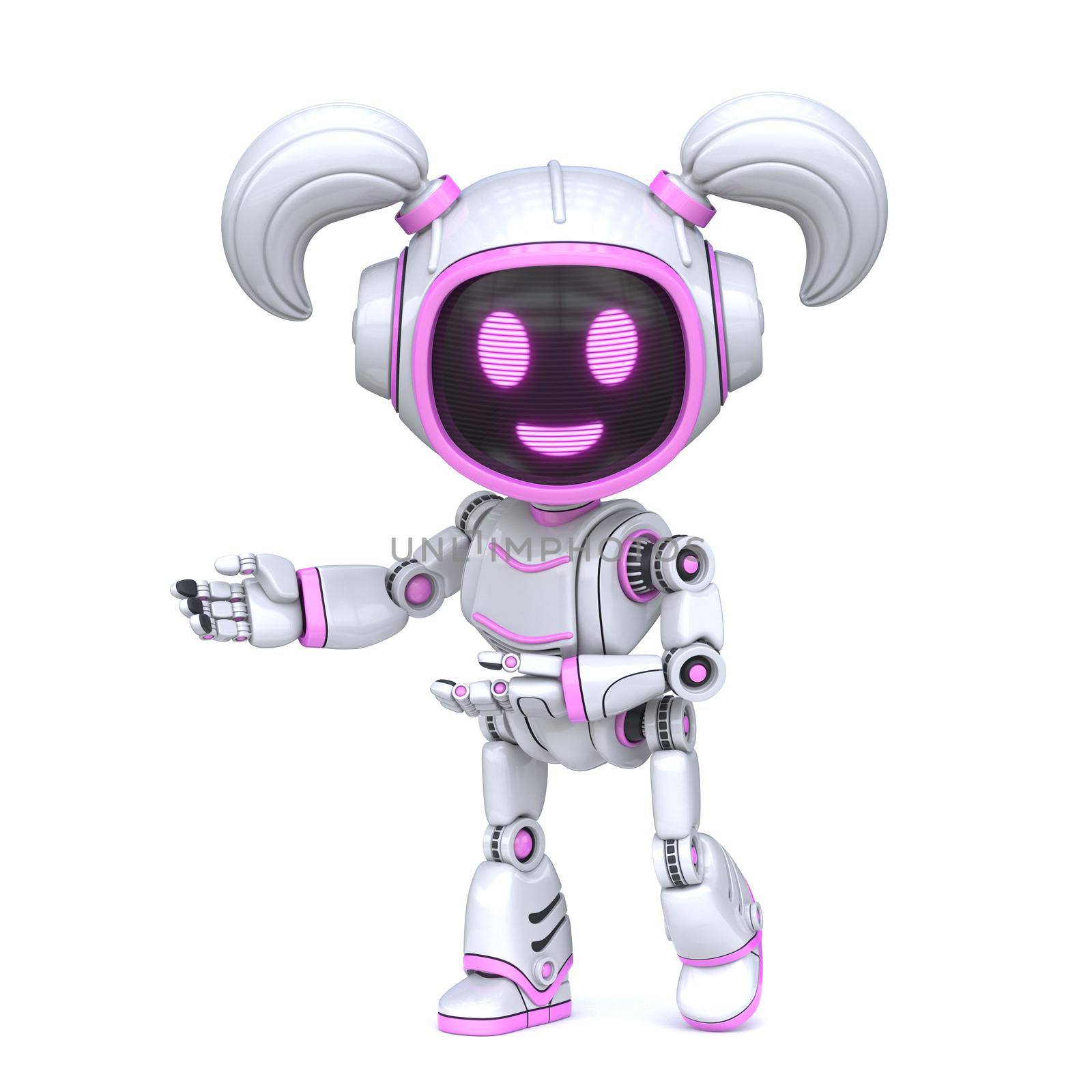 Cute pink girl robot welcoming gesture 3D by djmilic