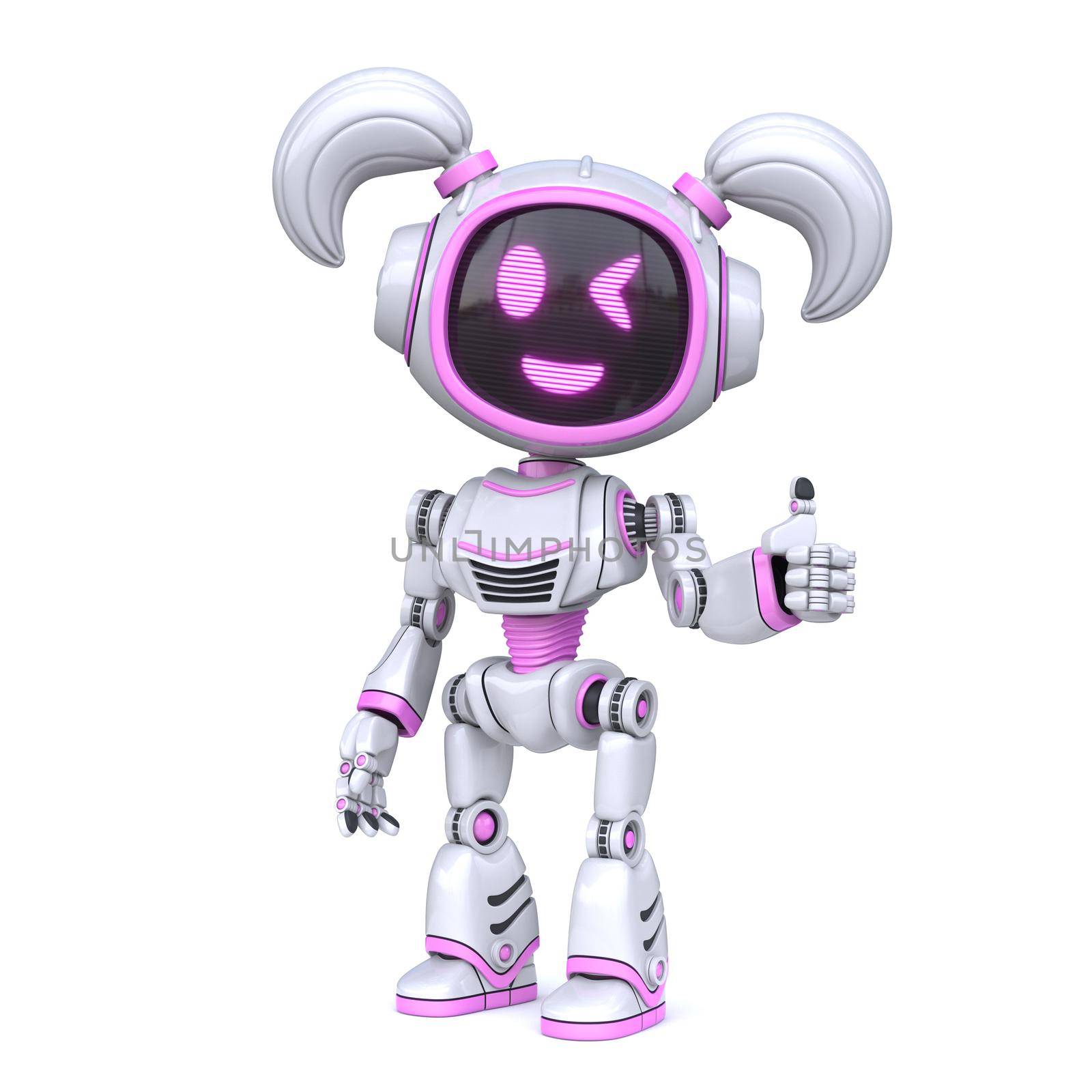 Cute pink girl robot giving thumbs up 3D rendering illustration isolated on white background