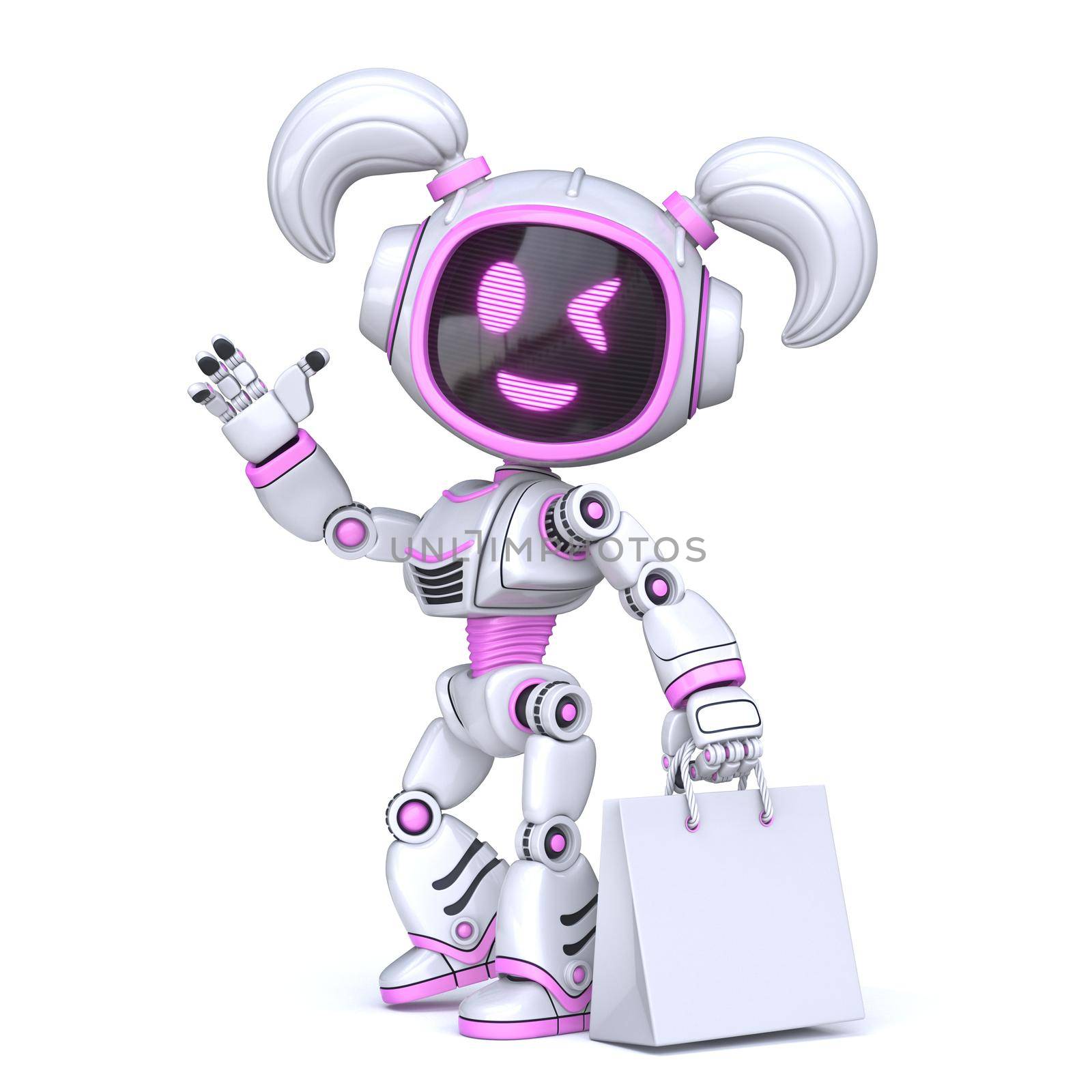 Cute pink girl robot whit blank shopping bag 3D rendering illustration isolated on white background