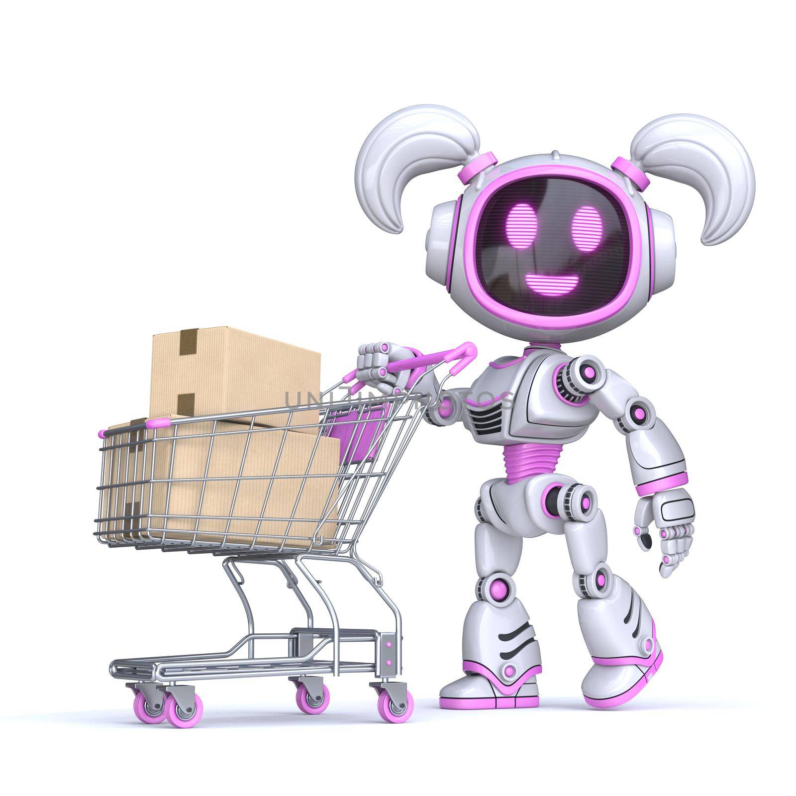 Cute pink girl robot push shopping cart 3D rendering illustration isolated on white background