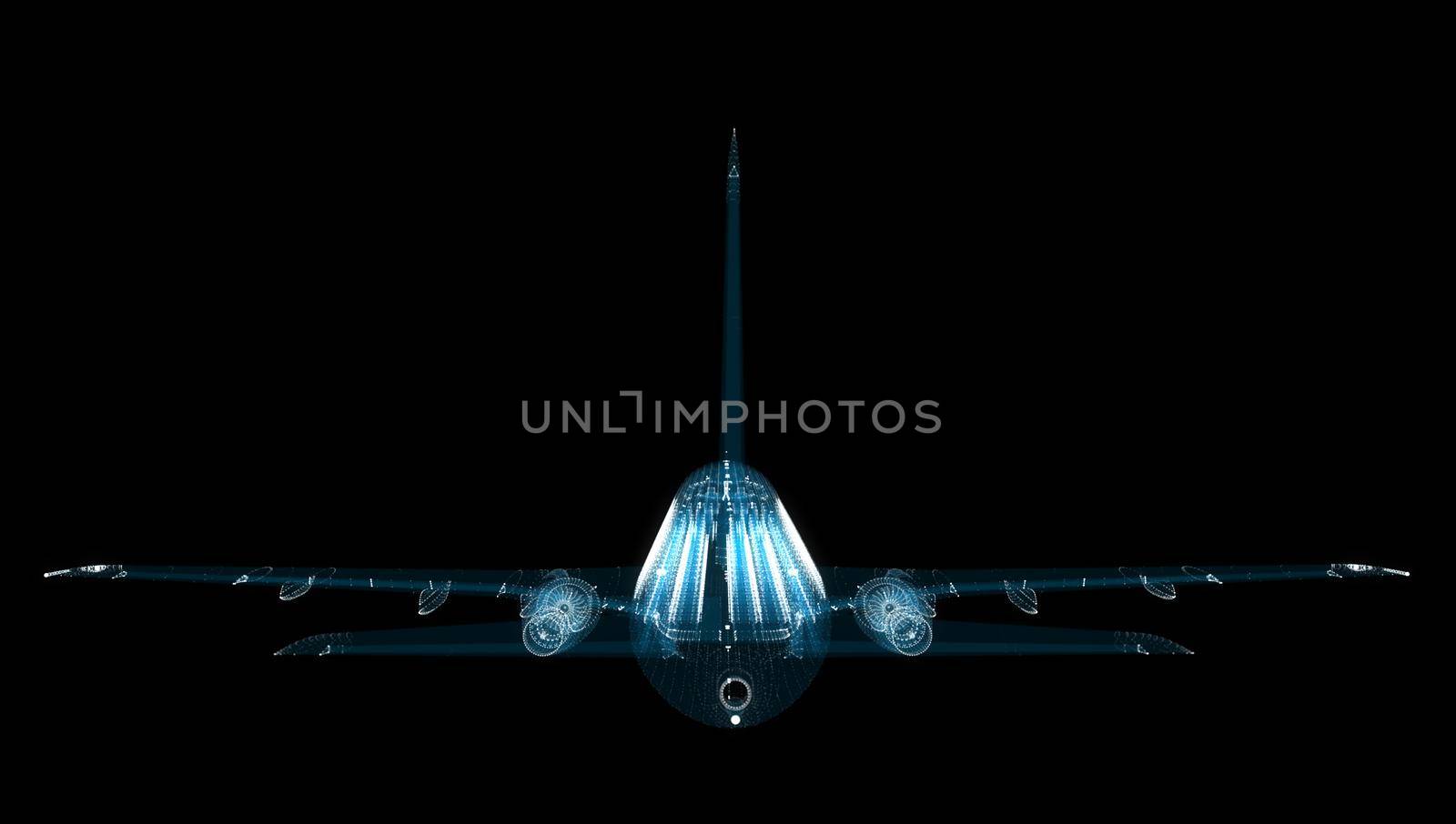 Airliner consists of luminous lines. Travel, tourism, transport and technology concept. Abstract 3d illustration of airplane