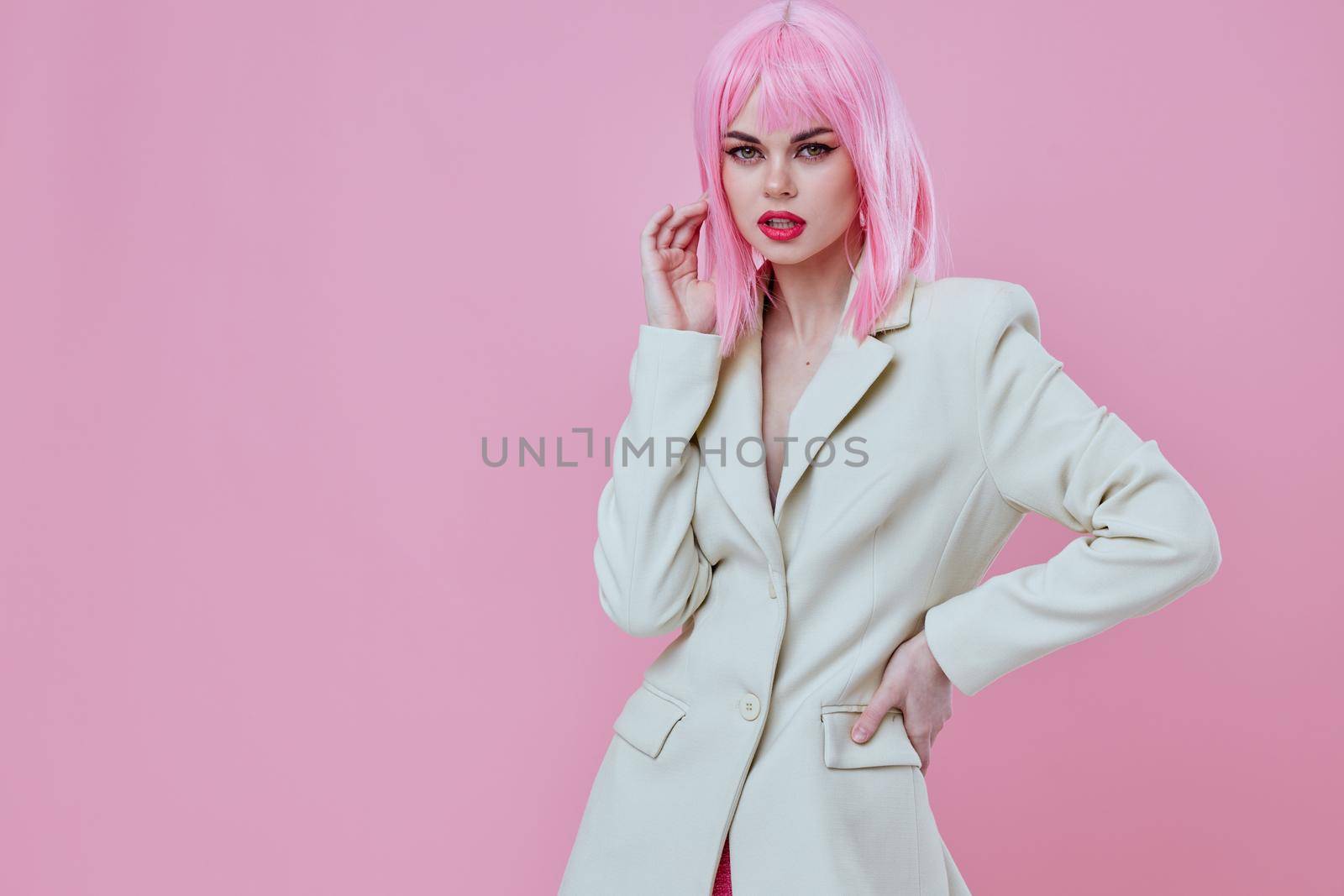 Portrait of a charming lady in White blazer pink hair Glamor Cosmetics color background unaltered by SHOTPRIME