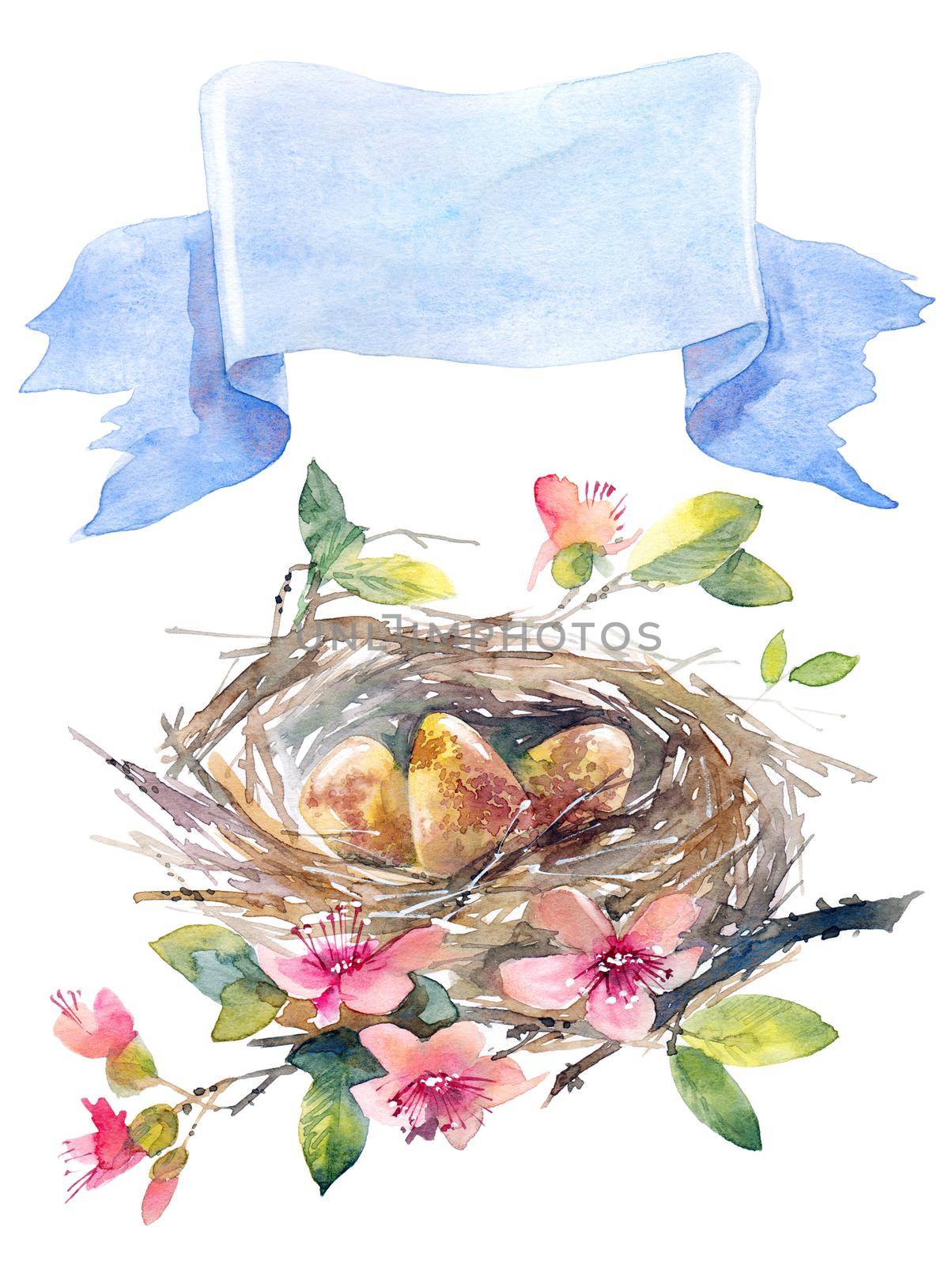 Watercolor greeting card for Easter day - bird nest with eggs, flowers and lent banner for text