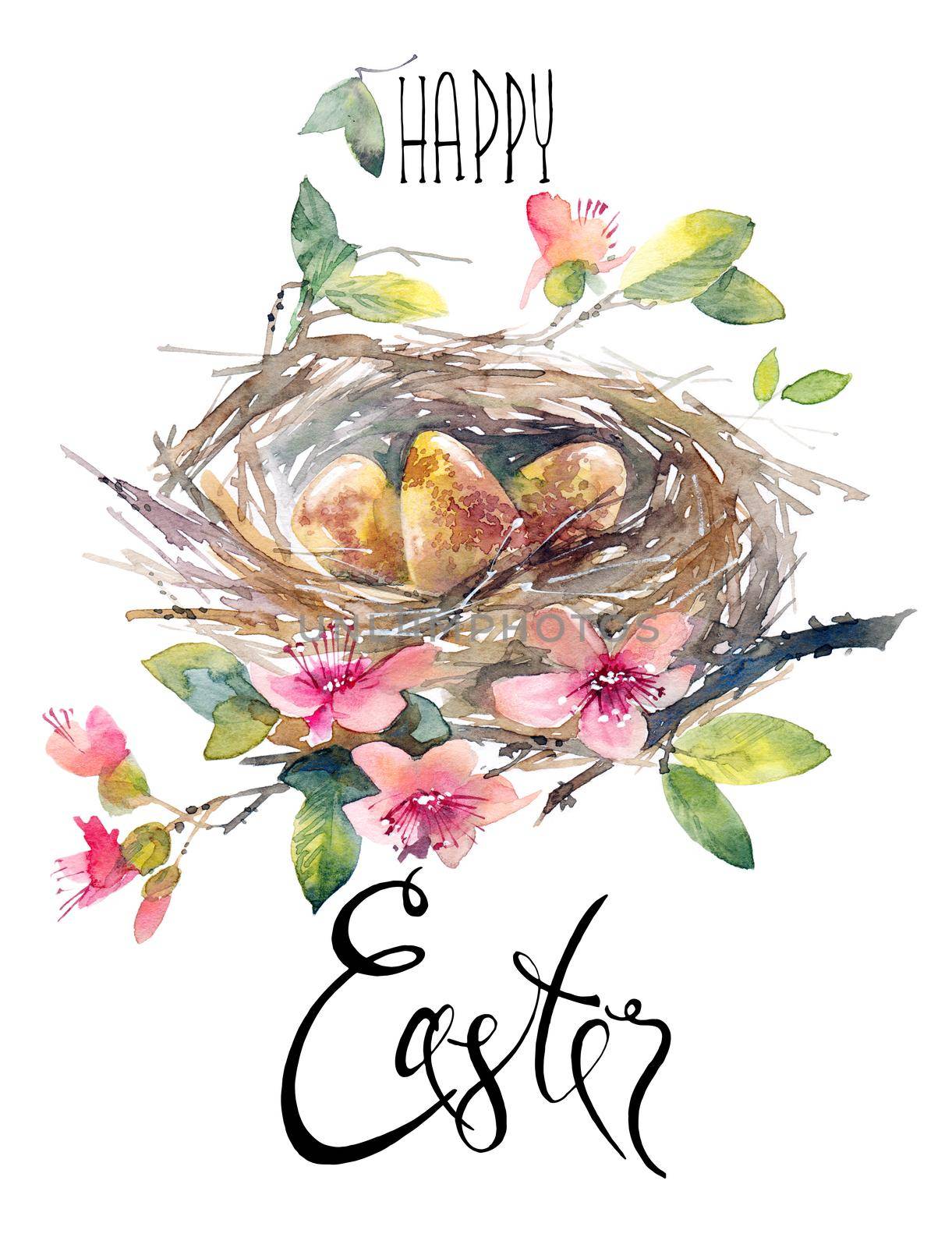 Watercolor greeting card for Easter day - bird nest with eggs, flowers and calligraphy lettering