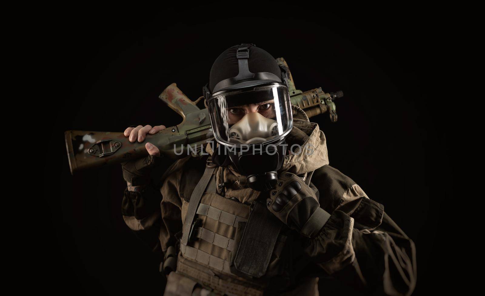 a man in a military uniform and a gas mask holds a weapon with an angry expression of emotion by Rotozey