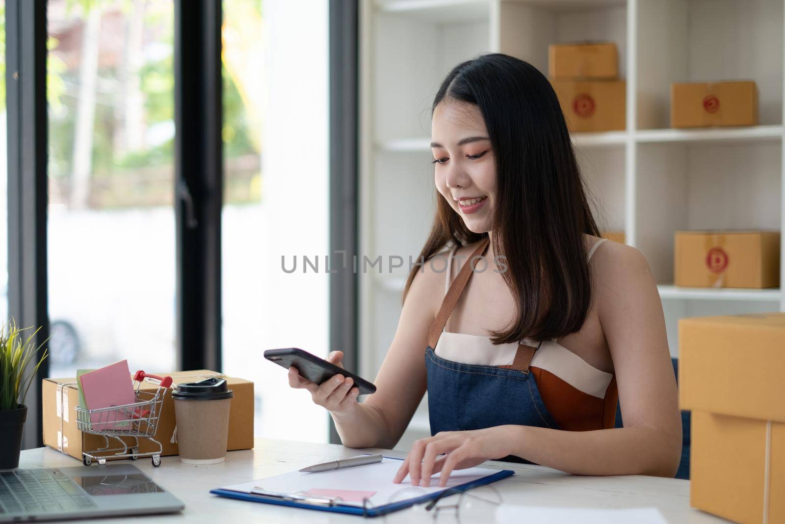 Asian small business owner working at home office. Business retail market and online sell marketing delivery, SME e-commerce concept. by itchaznong