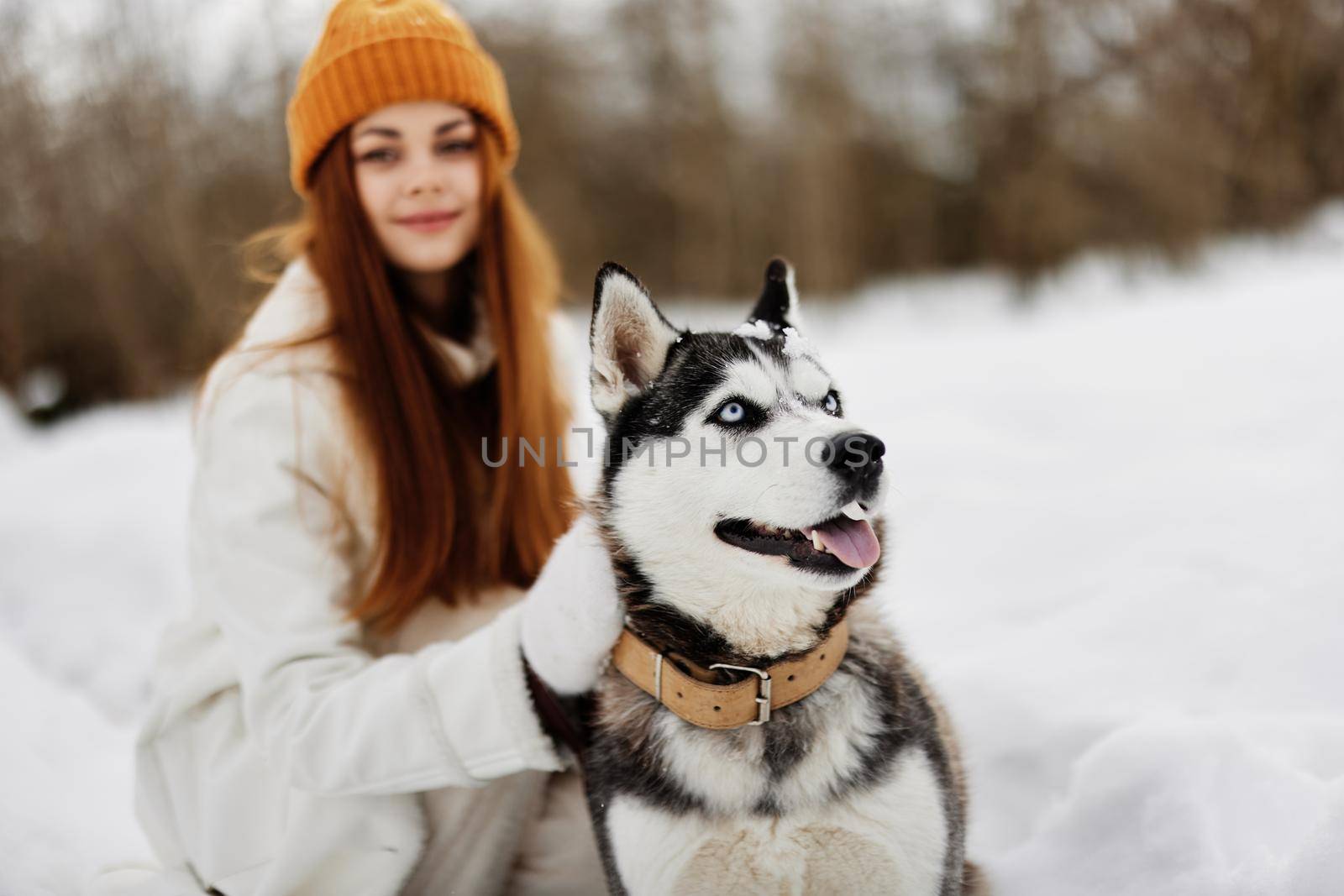 cheerful woman winter landscape walk friendship winter holidays. High quality photo