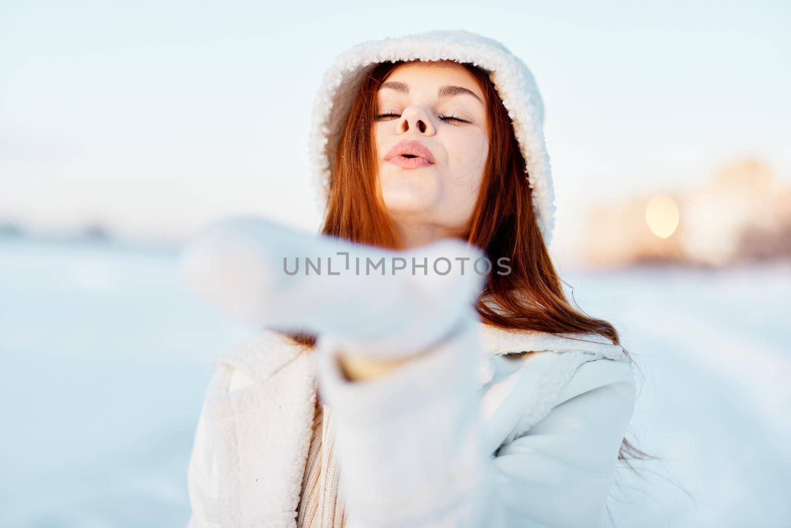 beautiful woman winter clothes walk snow cold vacation travel. High quality photo