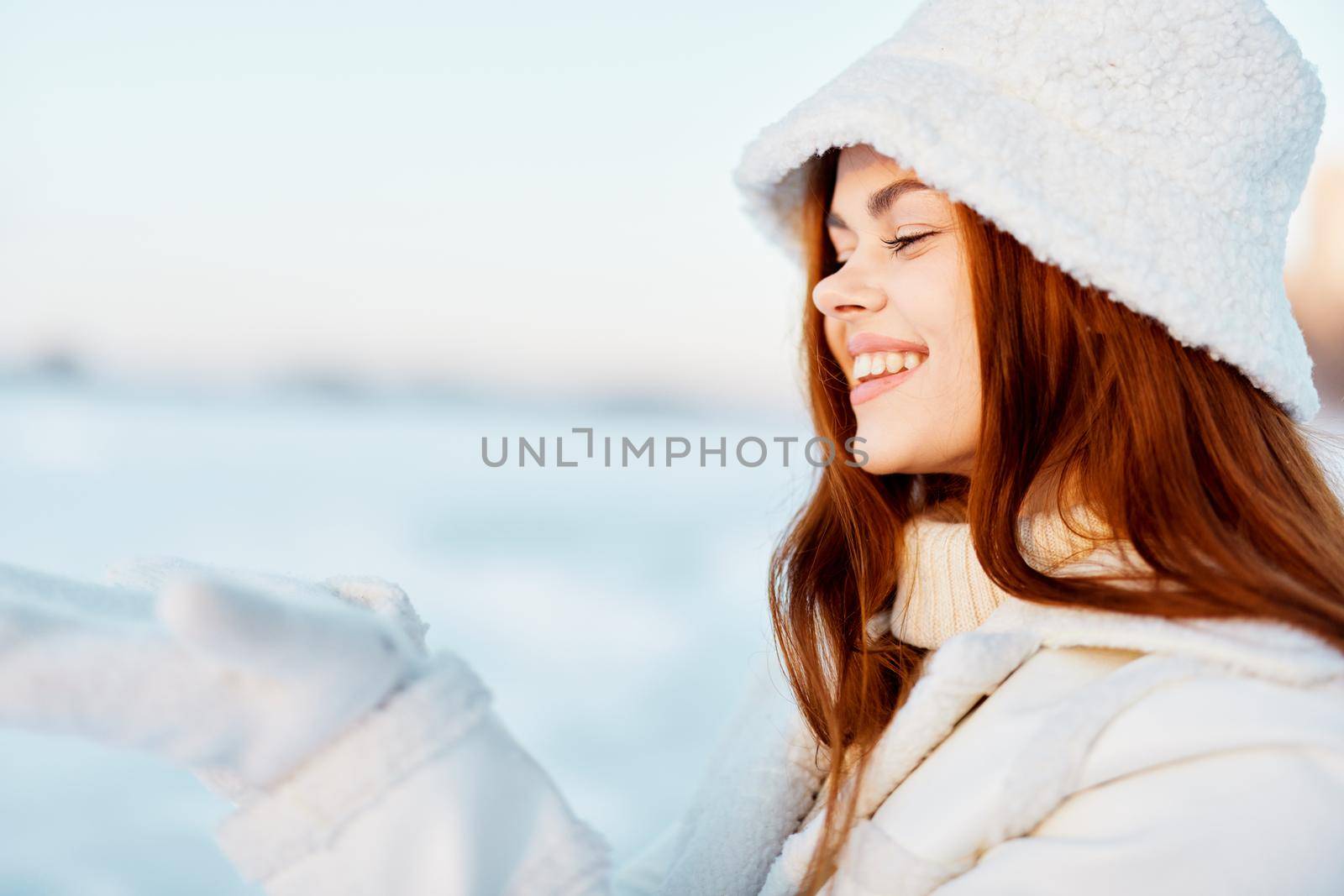 young woman smile Winter mood walk white coat Lifestyle by SHOTPRIME