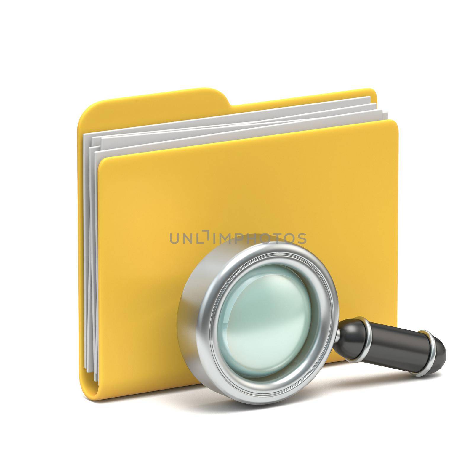Yellow folder icon Search concept 3D rendering illustration isolated on white background