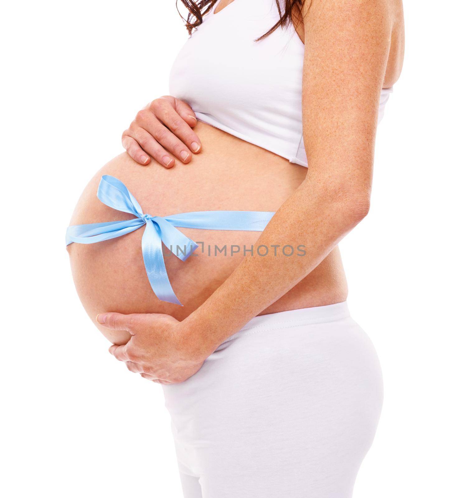Cropped shot of a pregnant woman isolated on white.