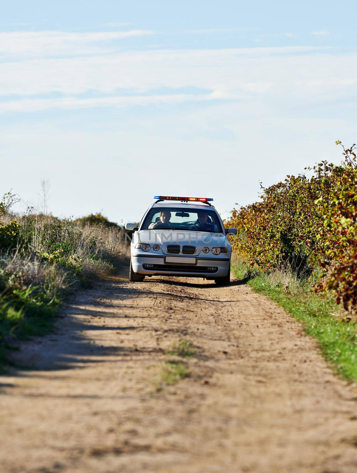 Police patrol. Shot of a police car driving down a dirt road. by YuriArcurs