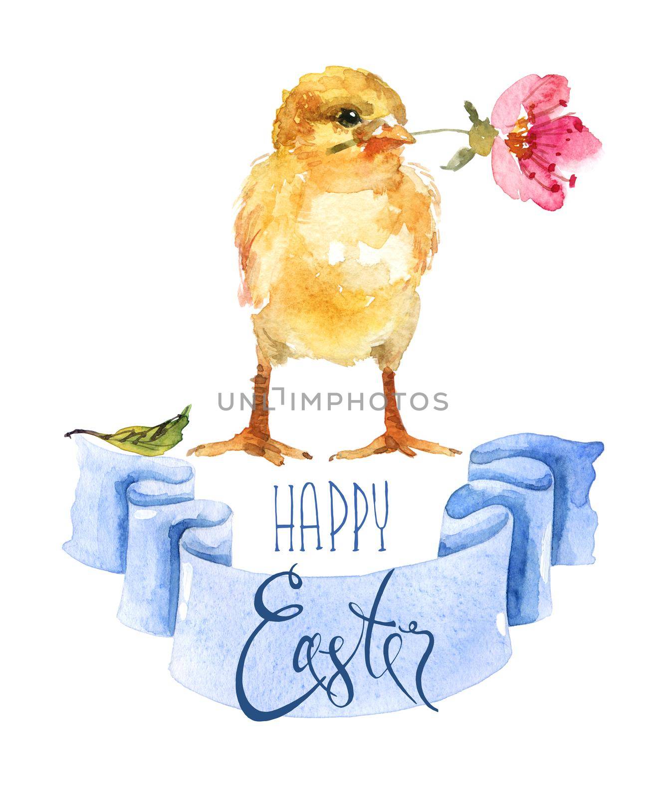 Watercolor greeting card design for Happy Easter - little yellow chick with pink flower in beak, banner with blue lent and calligraphy lettering