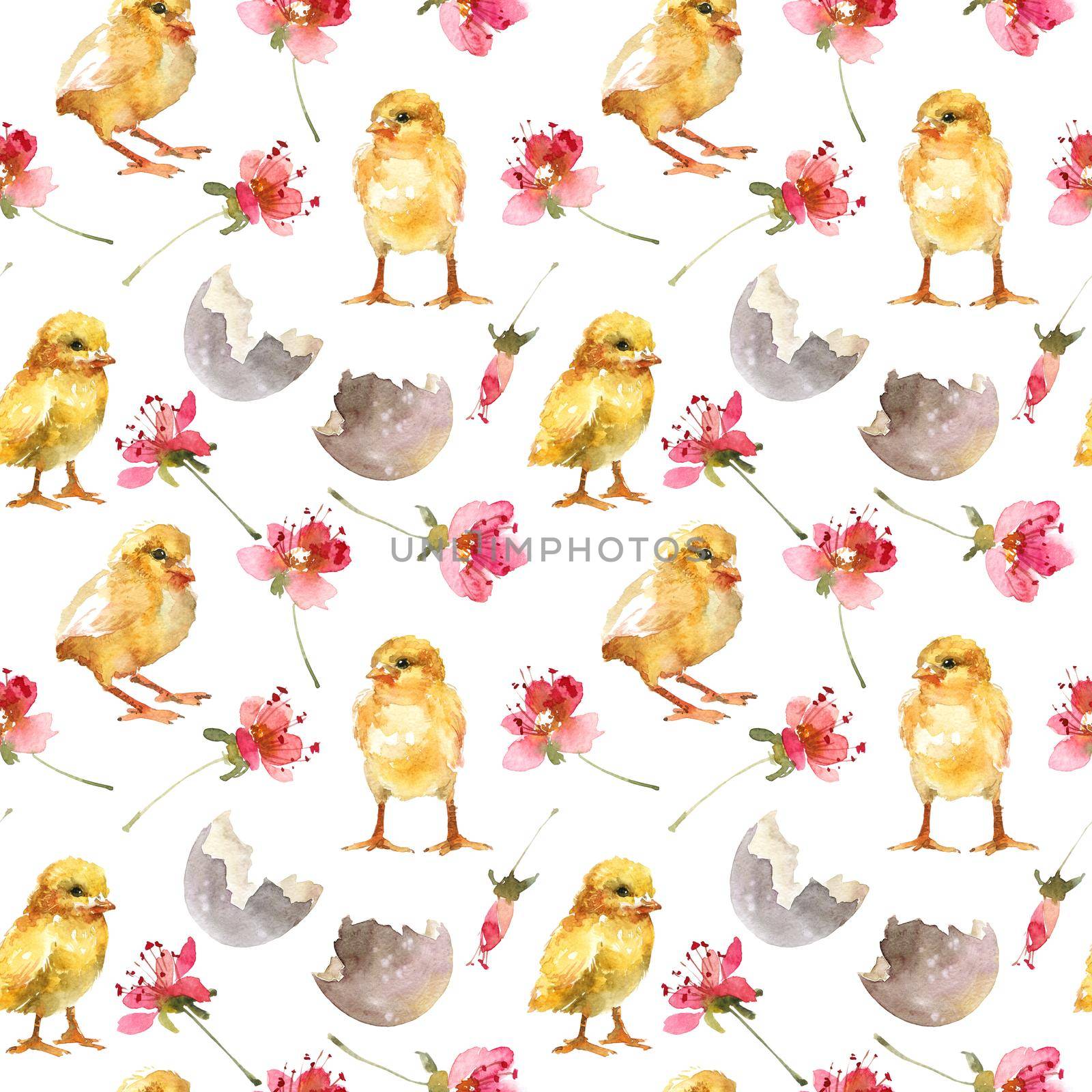 Watercolor seamless pattern for Happy Easter - little yellow chicks, egg shell and flowers