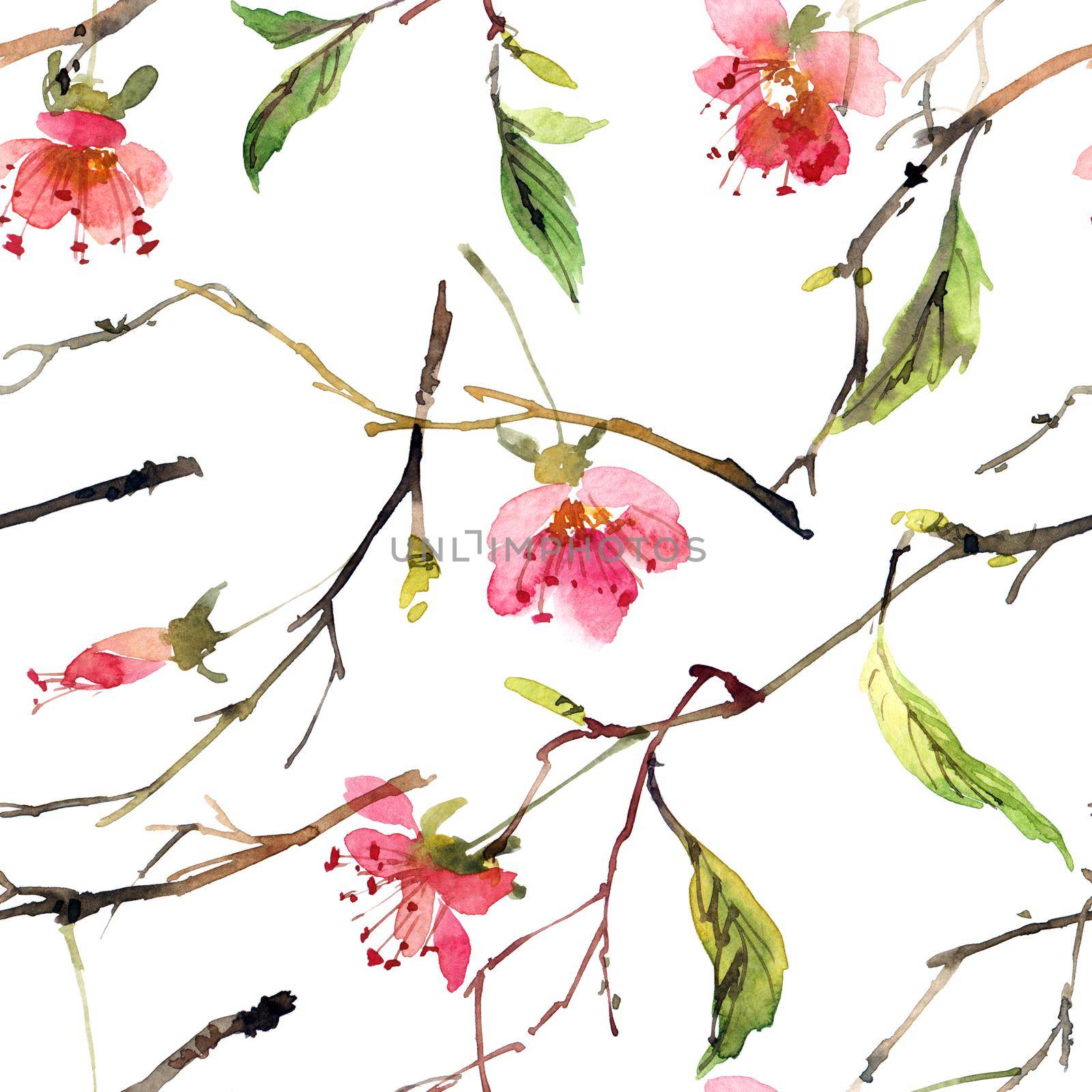 Watercolor seamless pattern with pink flowers and green leaves of blossom tree