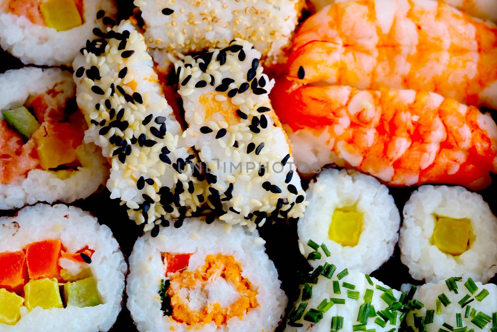 Delicious beautiful sushi, top view, Japanese food