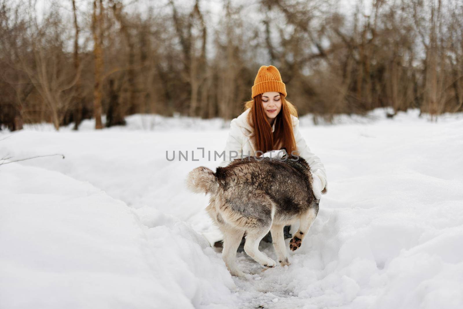 young woman with husky winter landscape walk friendship fresh air. High quality photo