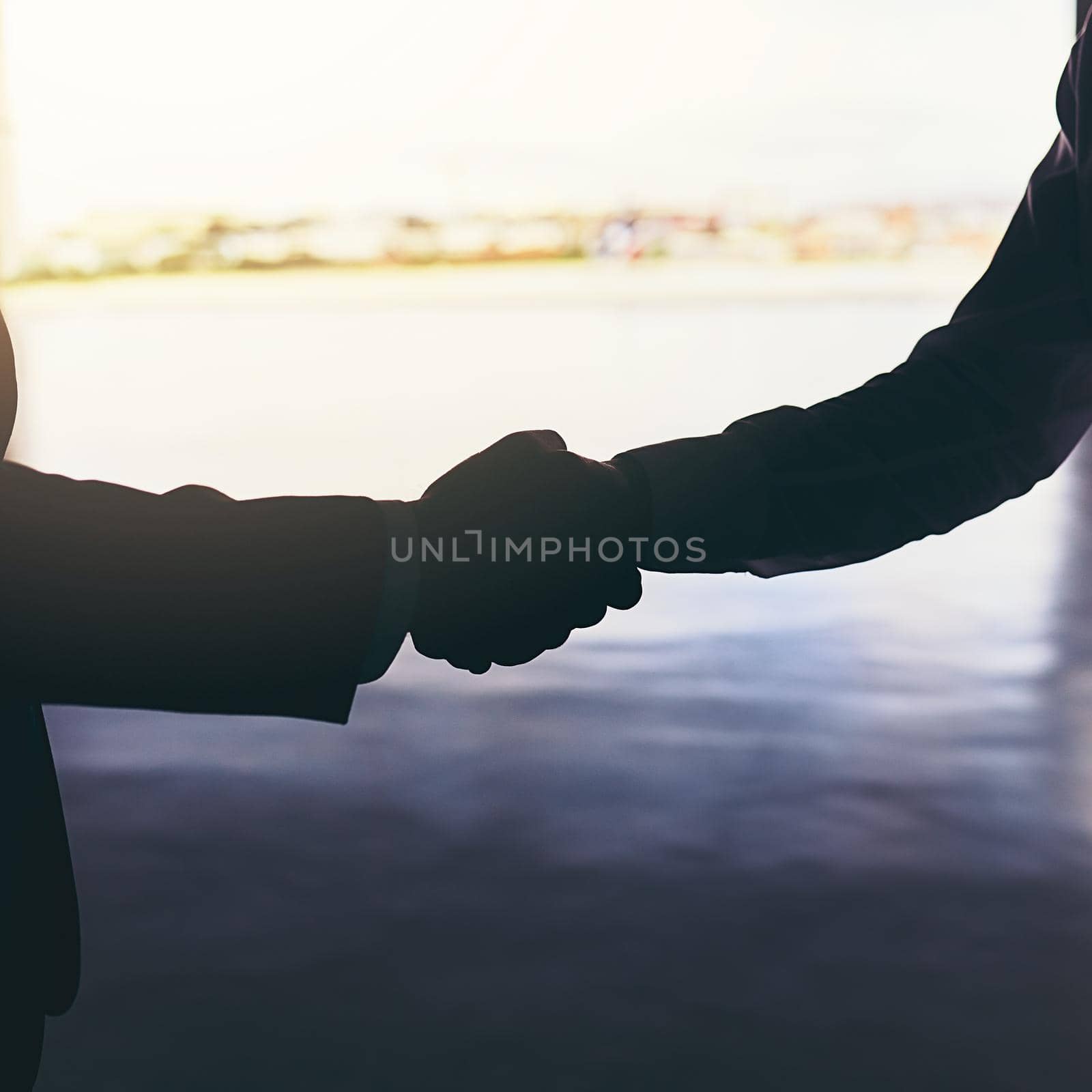 Making global connections. Cropped shot of two unrecognizable businessmen shaking hands while standing at the airport. by YuriArcurs