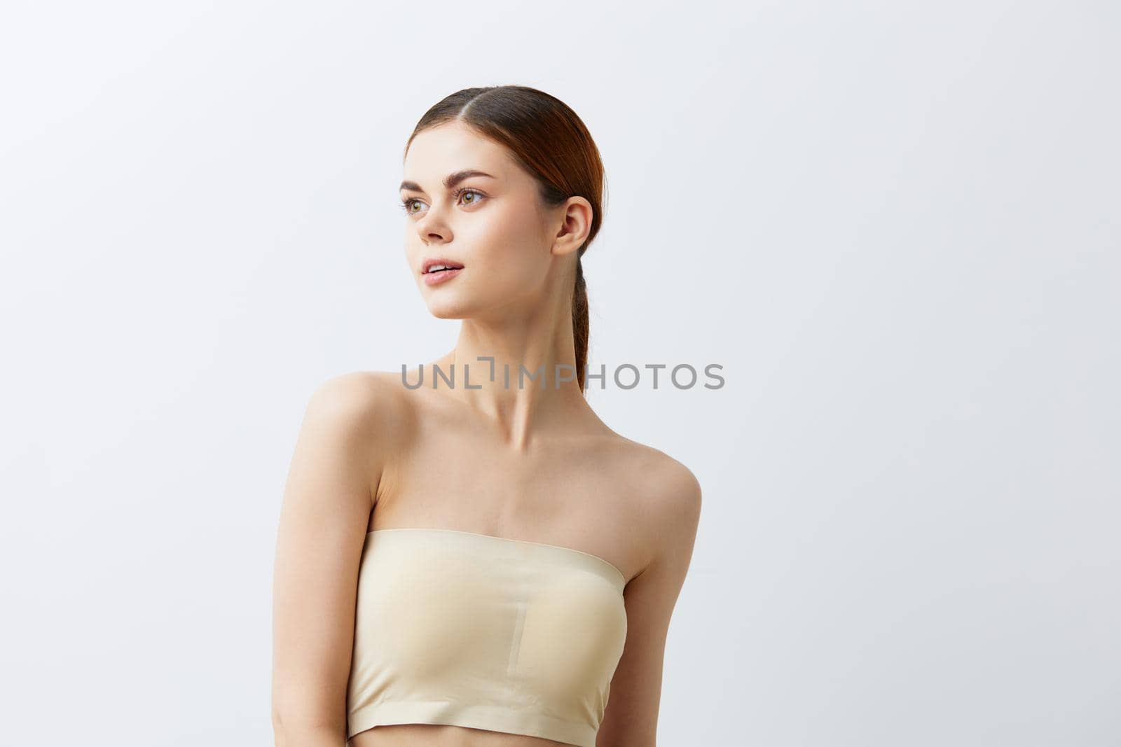 portrait woman smiling woman bare shoulders clean skin charm isolated background by SHOTPRIME