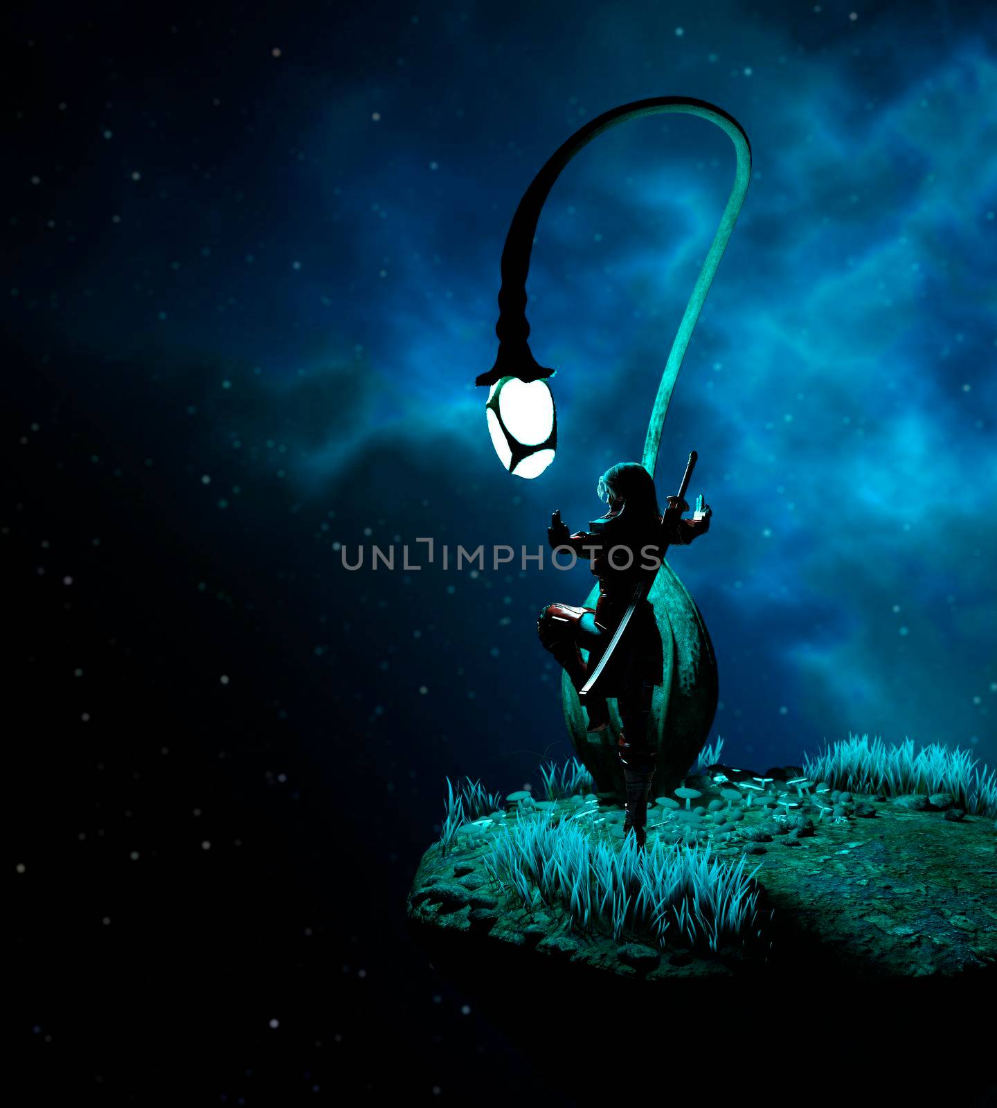 Night sky with stars, and an armored woman practicing yoga. 3d rendering.