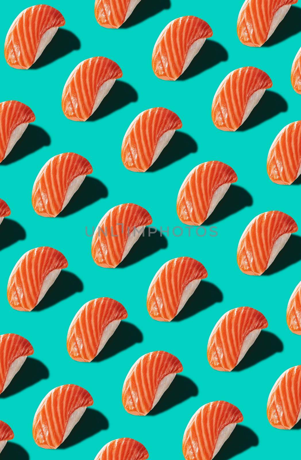Colorful seamless pattern of traditional Japanese nigiri with raw salmon isolated on turquoise blue background. Authentic cuisine concept