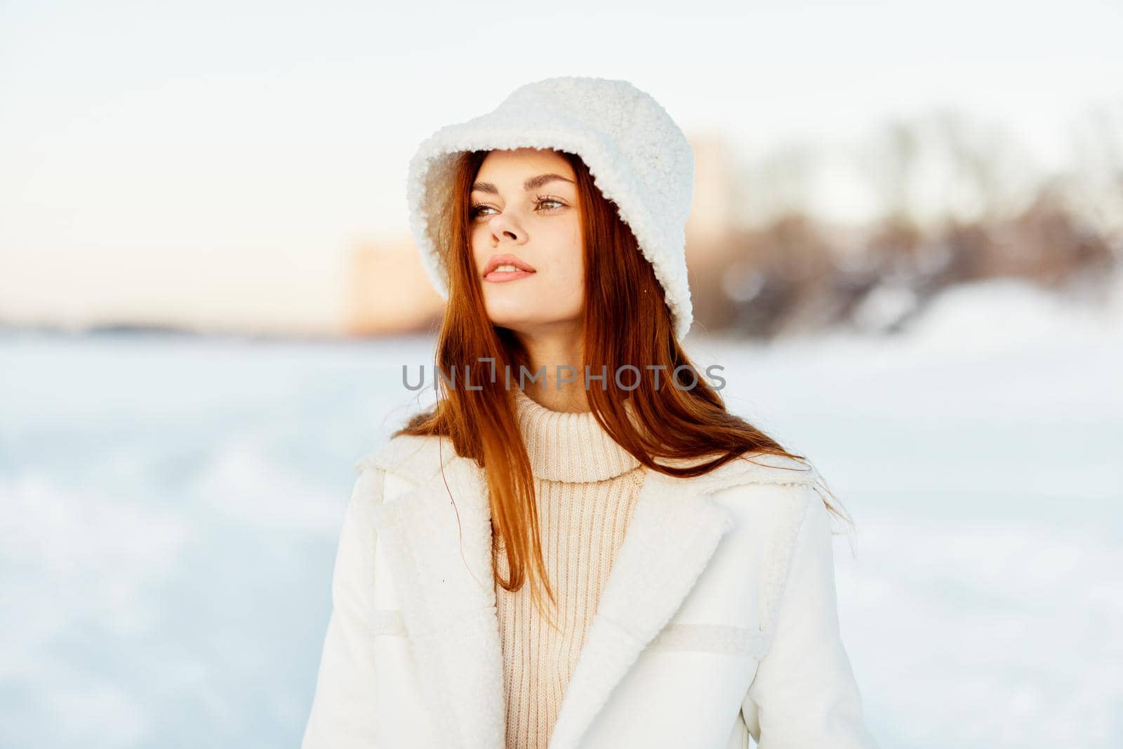 young woman red hair snow field winter clothes Lifestyle by SHOTPRIME